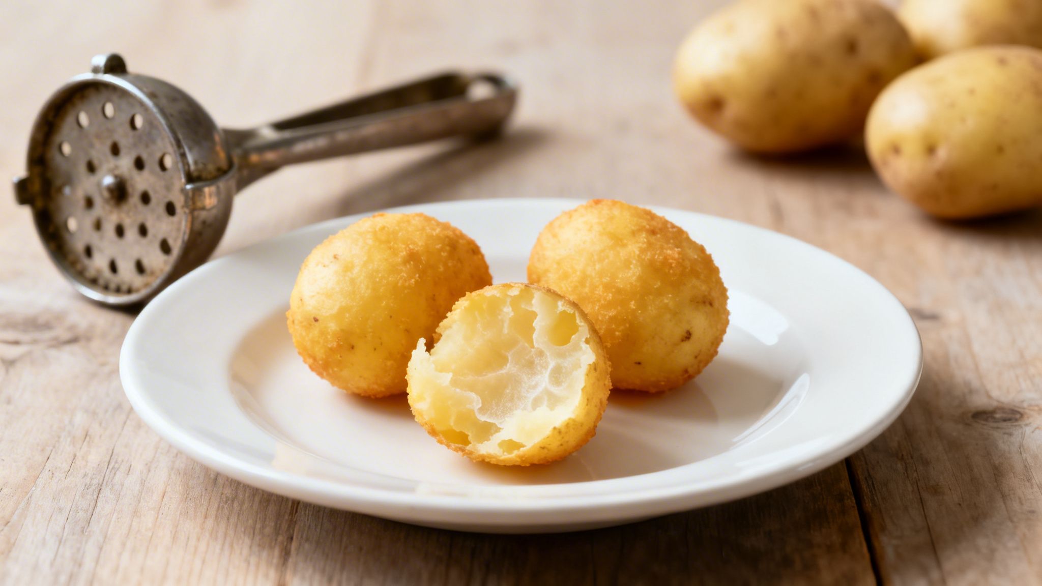Bolitas de patata fritas en un plato blanco con un machacador y patatas crudas sobre madera.