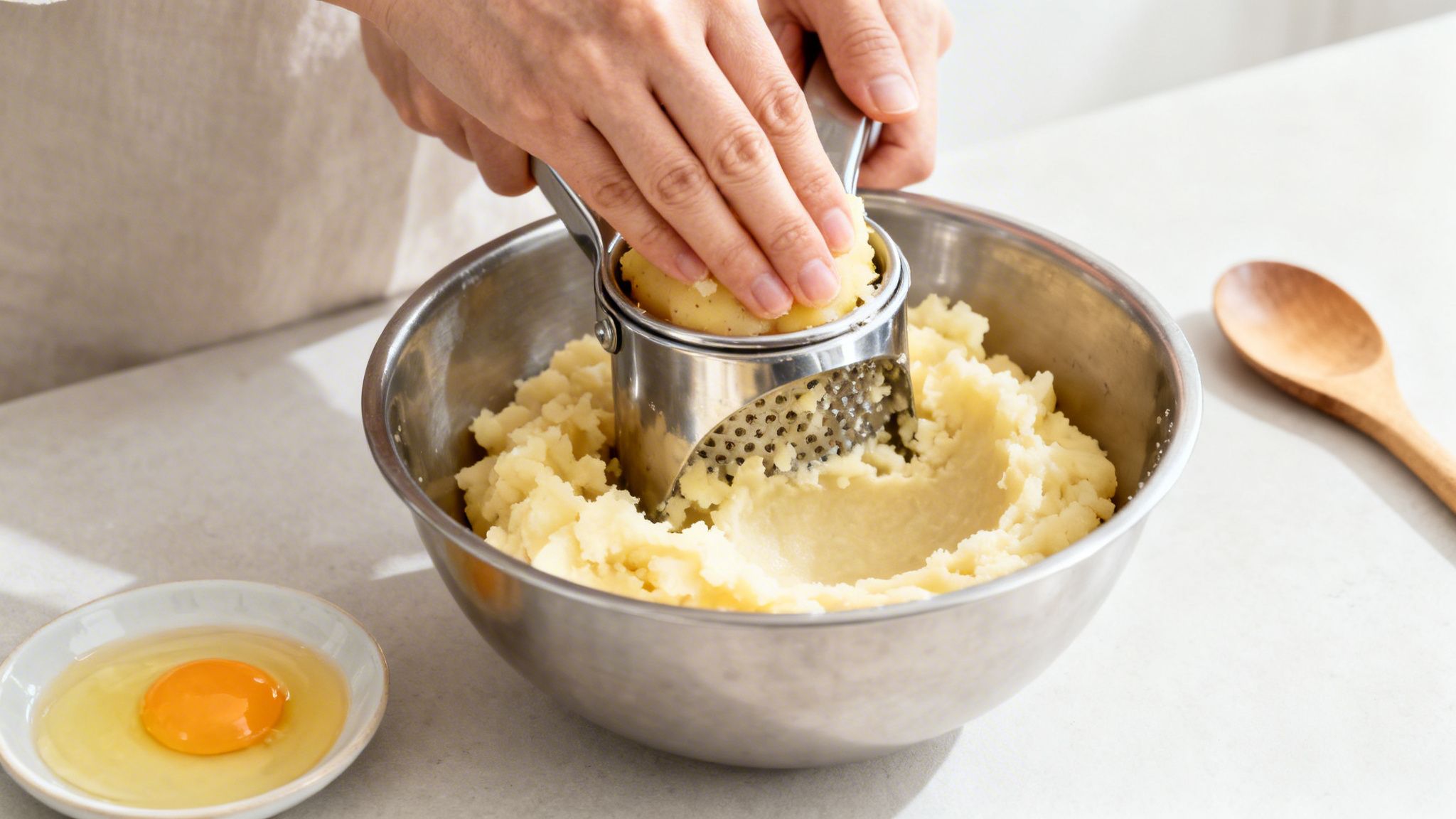 Manos triturando patatas con un prensador en un bol de acero, preparando puré para bolitas.
