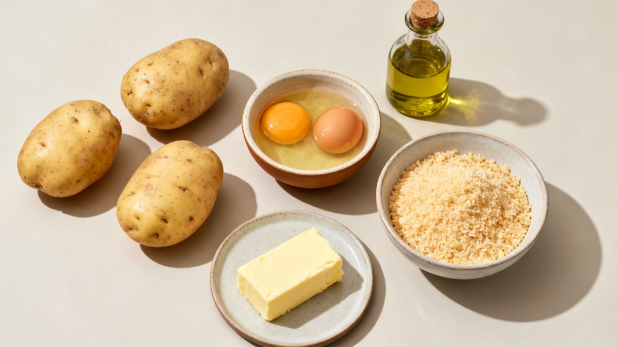 Ingredientes para una receta de patatas: patatas, huevos, aceite, pan rallado y mantequilla sobre fondo claro.
