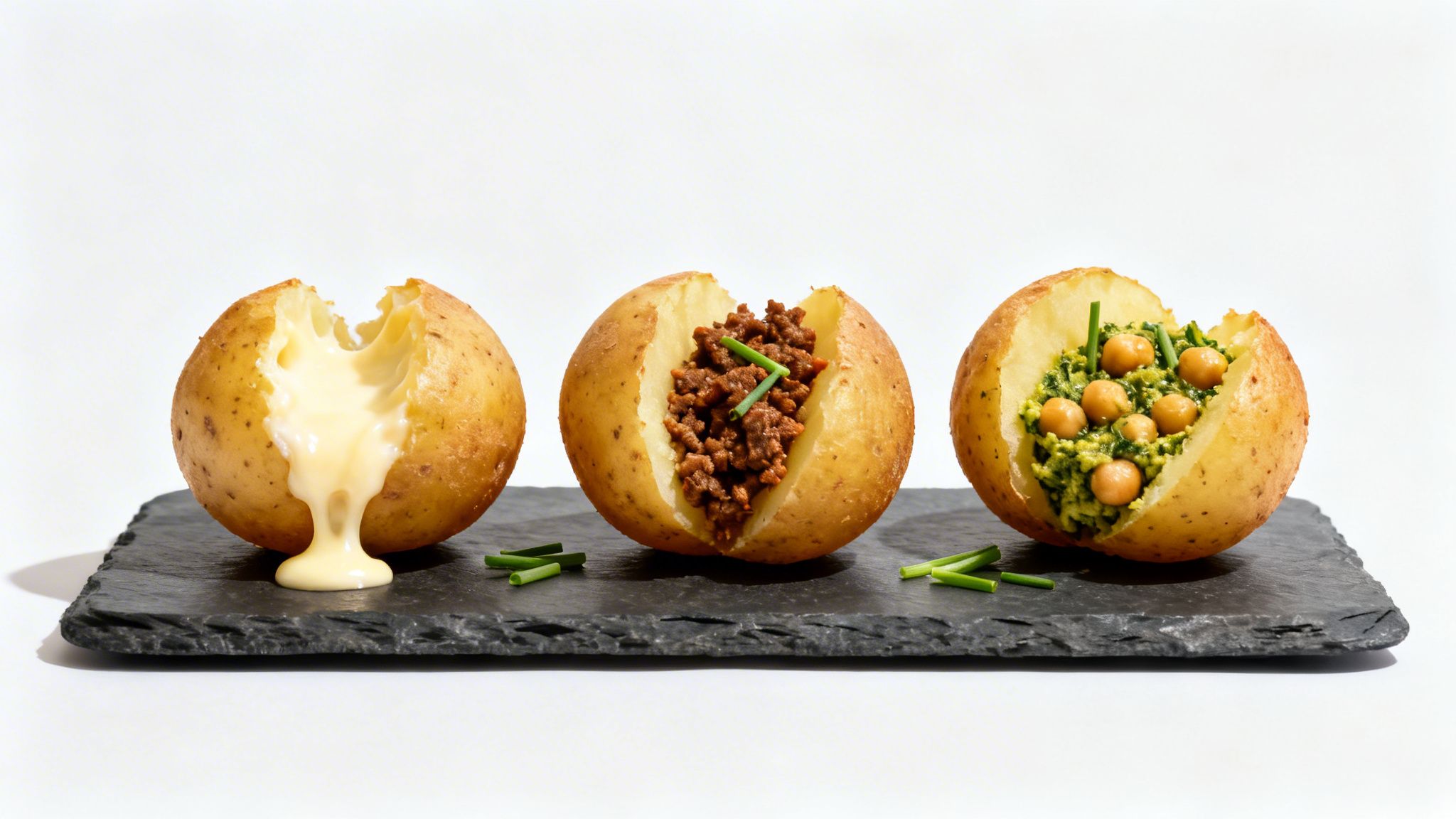 Tres patatas asadas rellenas de queso, carne molida y garbanzos en una tabla de pizarra.