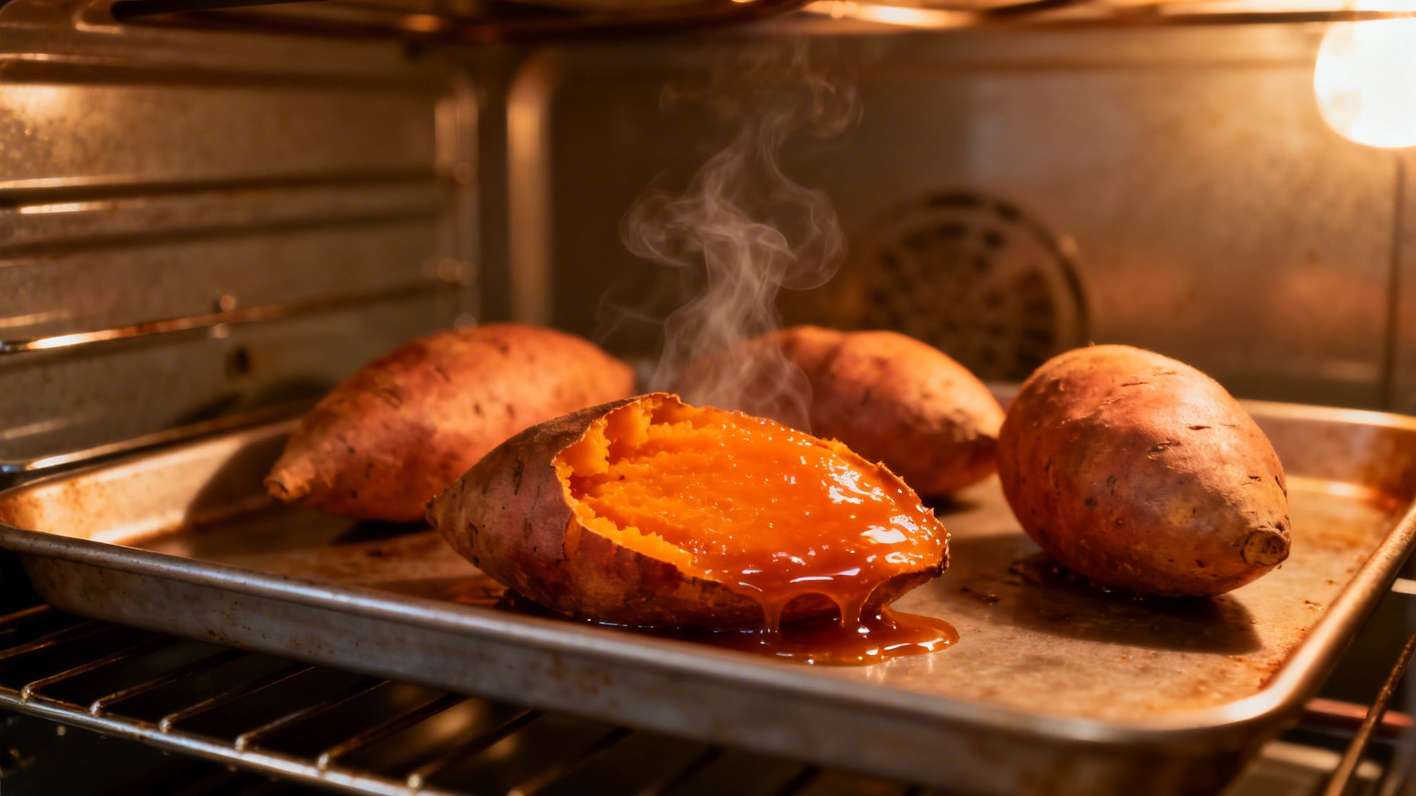 Boniatos asados en el horno con uno abierto, mostrando su interior suave y salsa dulce goteando, con vapor.