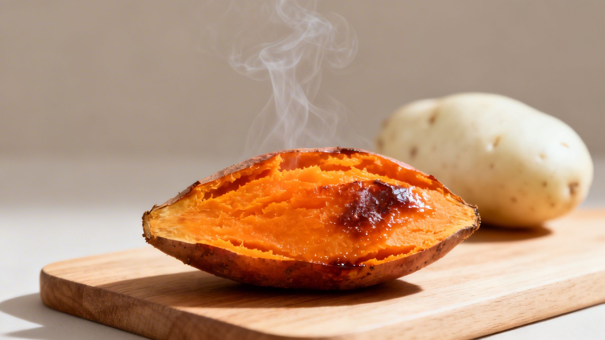 Un boniato asado humeante, partido por la mitad, mostrando su pulpa naranja vibrante sobre una tabla de madera.