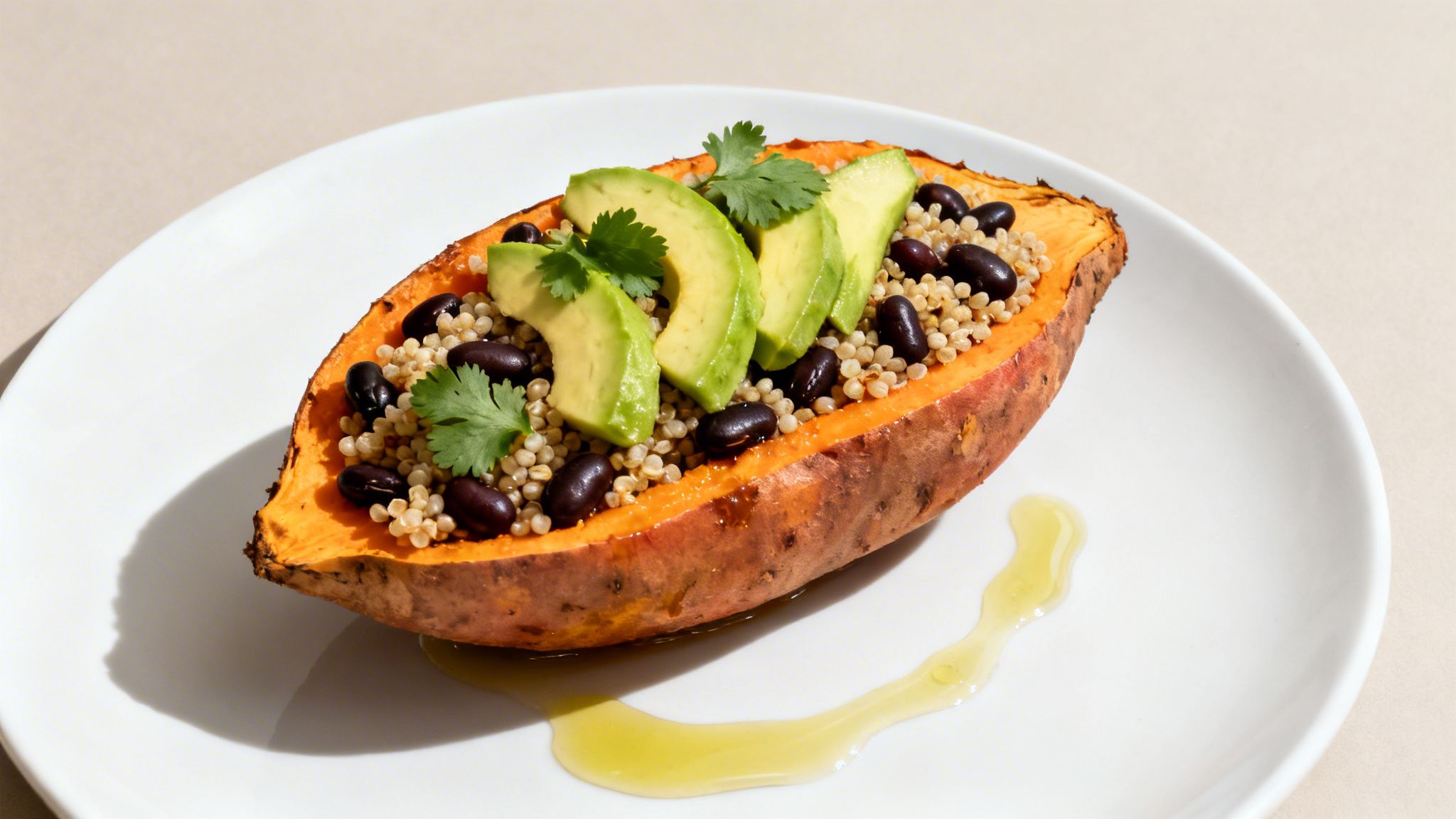 Boniato asado relleno con quinoa, frijoles negros, aguacate y cilantro, servido en un plato blanco.