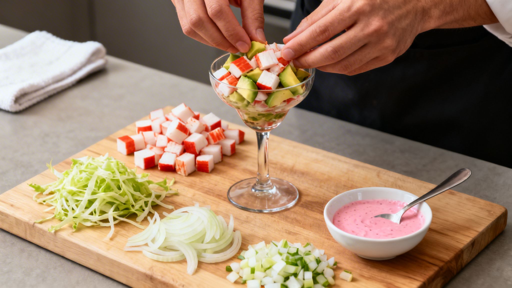 Manos preparando un cóctel de marisco con aguacate, palitos de cangrejo y otros ingredientes frescos.
