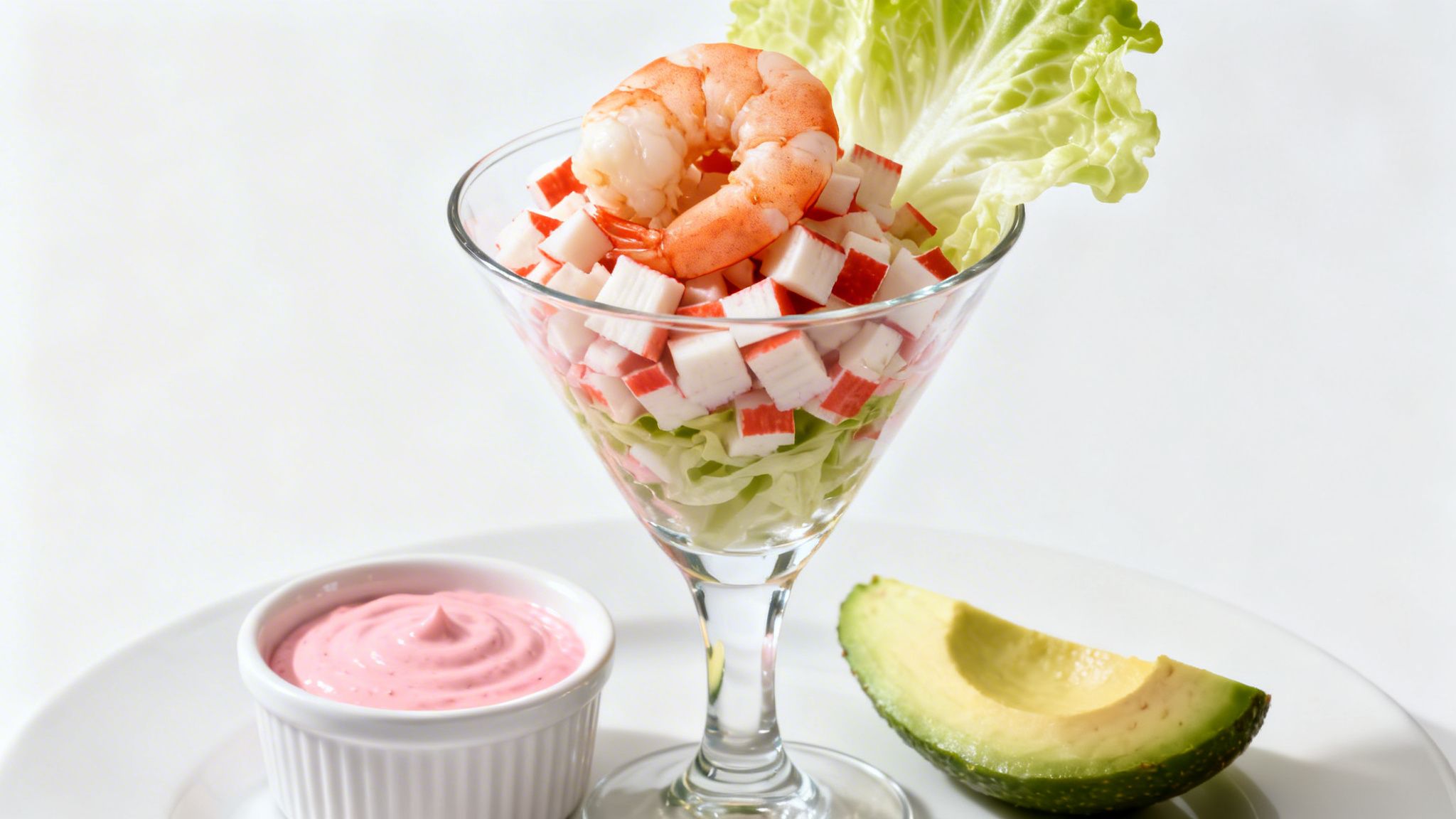 Coctel de gambas y palitos de cangrejo en copa, con salsa rosa y aguacate, sobre fondo blanco.
