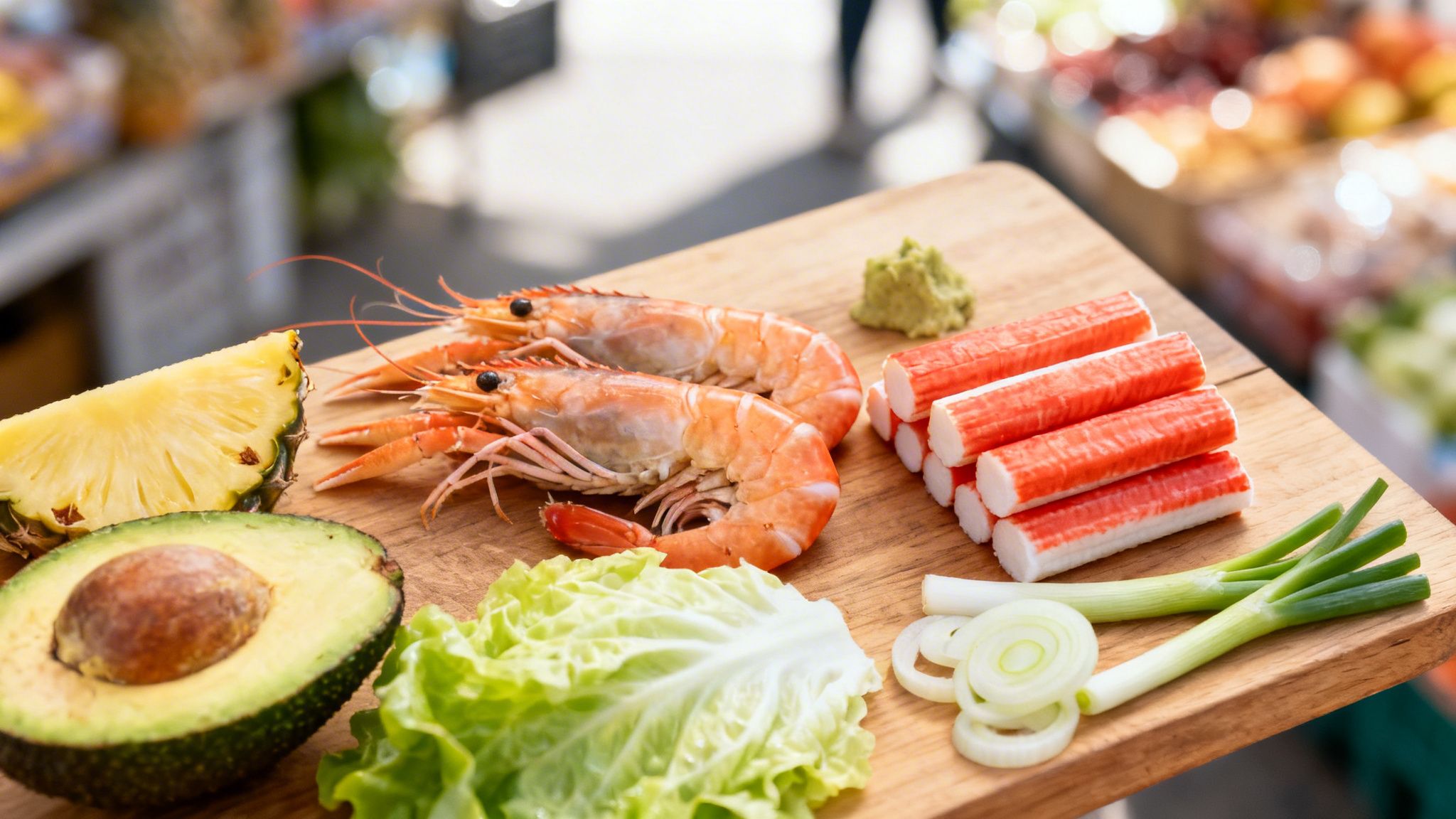 Ingredientes frescos para cóctel de marisco: camarones, palitos de cangrejo, aguacate, piña, lechuga y wasabi.
