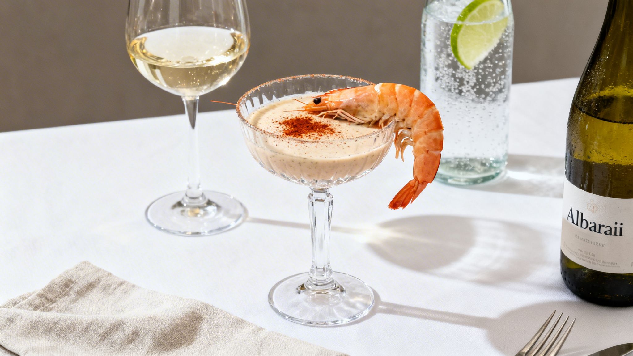 Un cóctel de camarones con un camarón entero, vino blanco y agua con gas en una mesa blanca.
