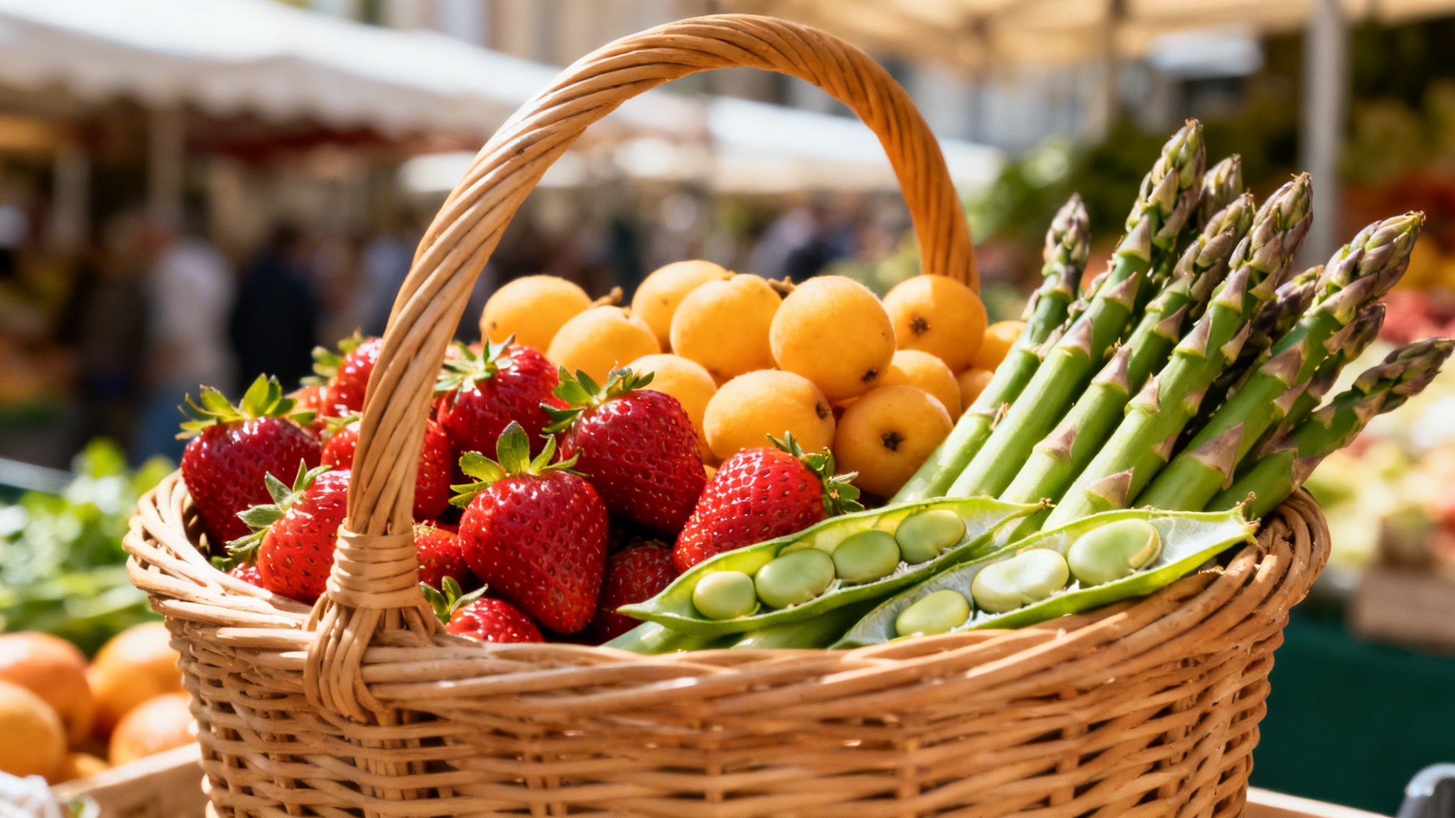 Cesta de mimbre llena de fresas frescas, nísperos, espárragos y habas en un mercado.