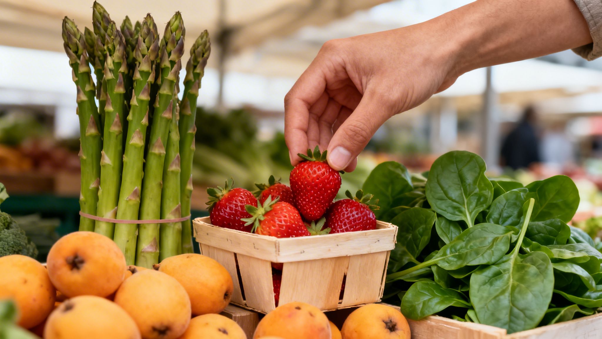 Mano de persona elige fresa madura de cesta en un puesto de mercado con espárragos, espinacas y otras frutas.