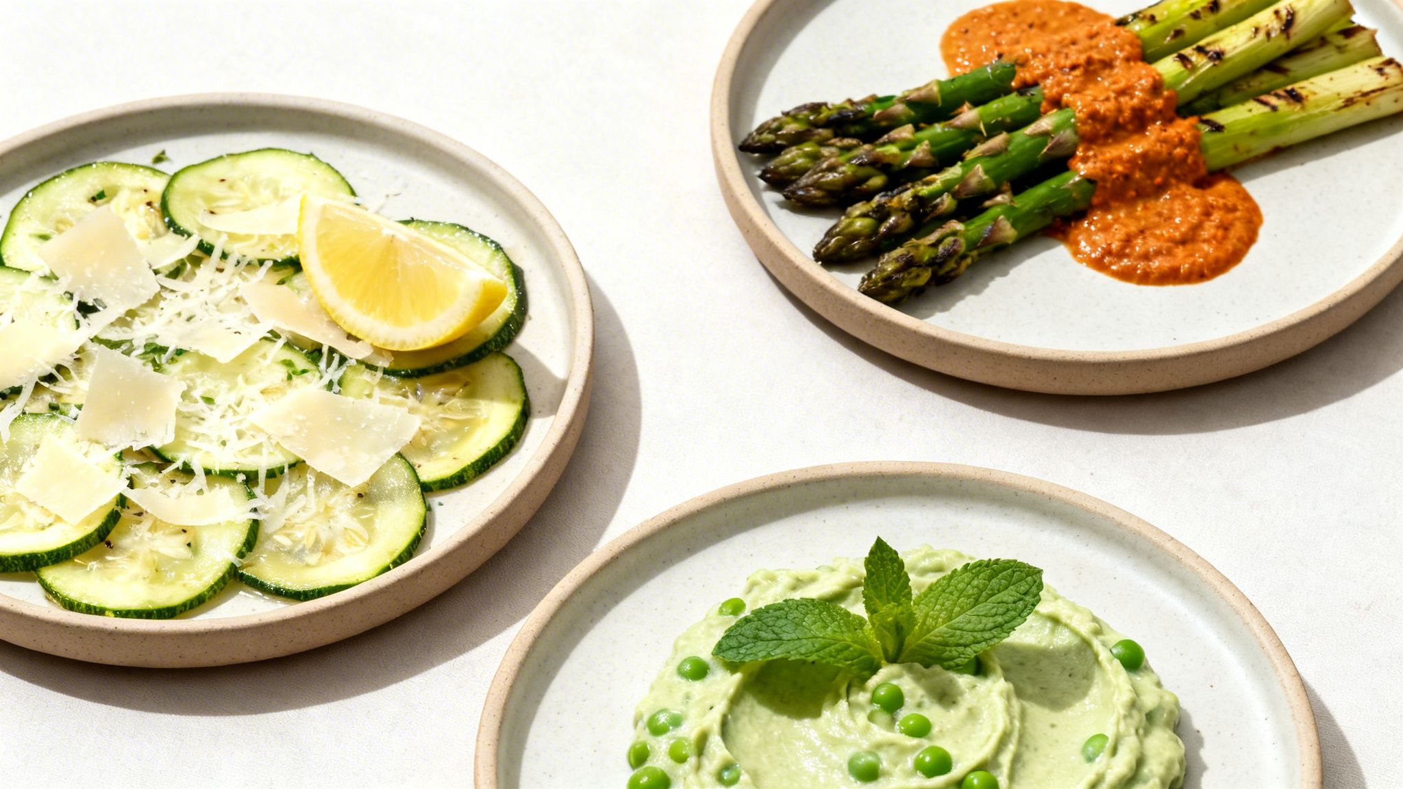 Tres platos de verduras frescas y saludables: calabacín con queso, espárragos con salsa y puré de guisantes.