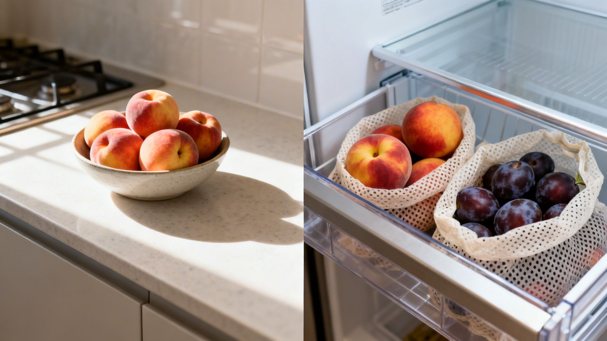Melocotones en un cuenco en la encimera y frutas frescas en bolsas reutilizables en la nevera.