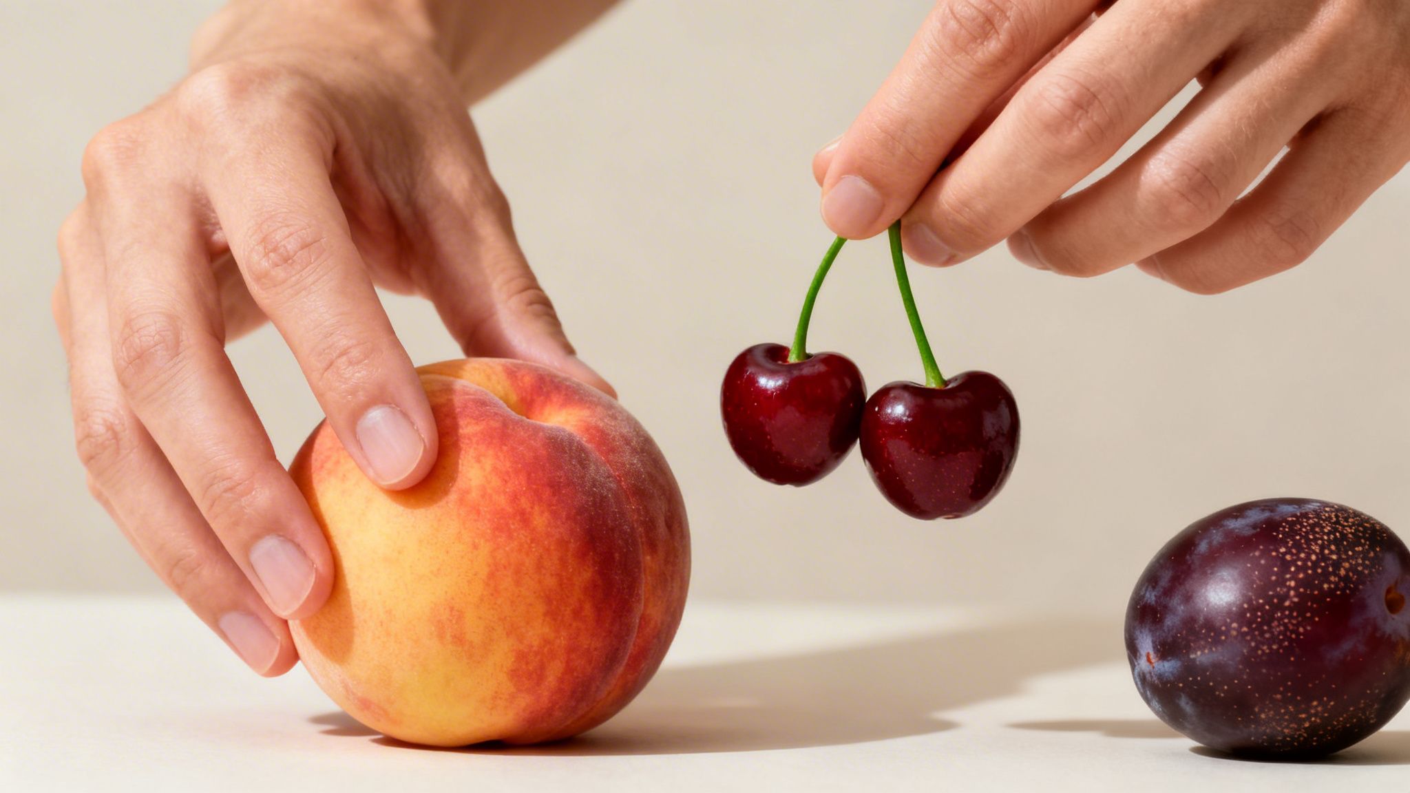 Manos sosteniendo cerezas y un melocotón, con una ciruela oscura a un lado sobre una superficie clara.