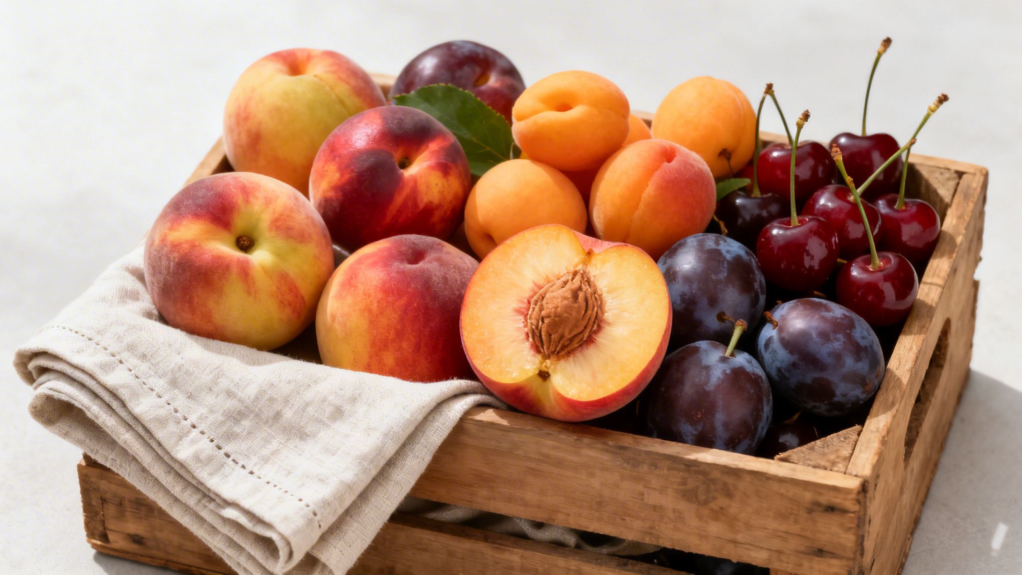 Caja de madera llena de melocotones, albaricoques, ciruelas y cerezas frescas sobre un paño de lino.