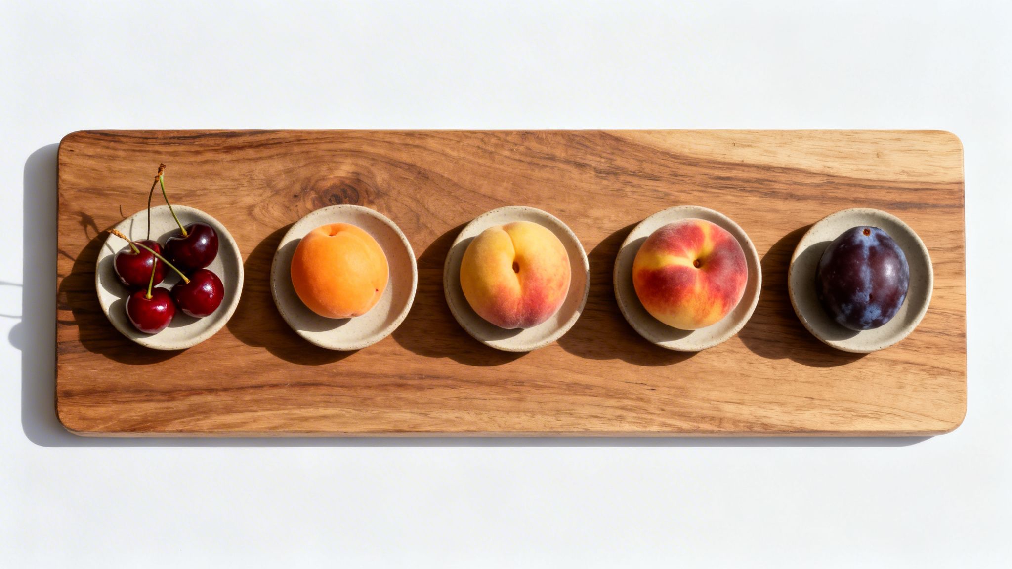 Una tabla de madera con cinco platos pequeños. Cada plato contiene una fruta de hueso diferente: cerezas, un albaricoque, melocotones y una ciruela.