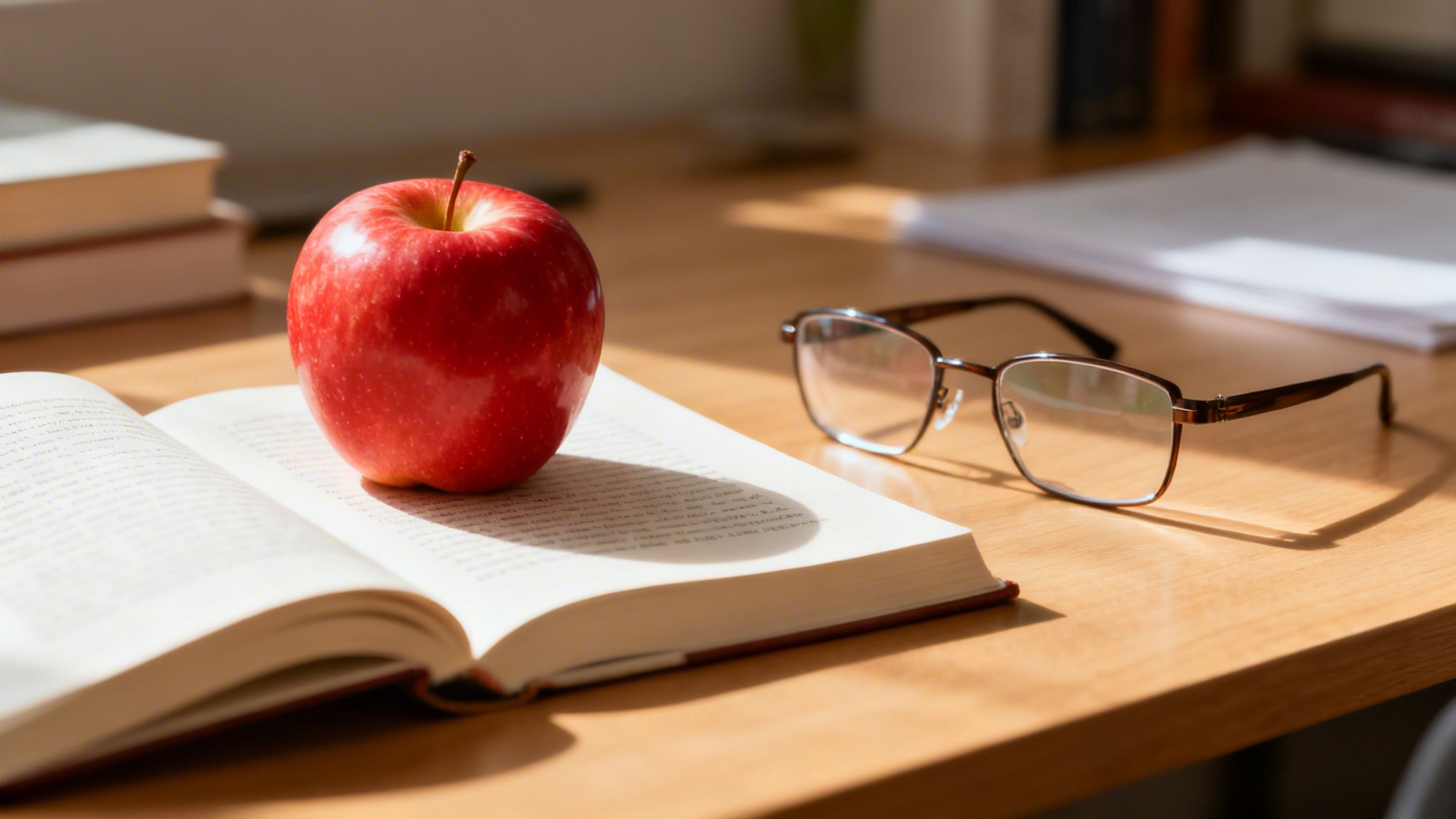 Una manzana roja descansa sobre un libro abierto, junto a gafas de lectura en un escritorio de madera soleado, evocando estudio.