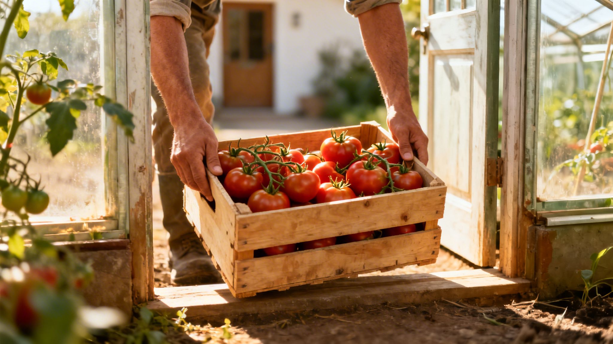 Un agricultor sale de un invernadero llevando una caja de madera llena de tomates rojos recién cosechados.
