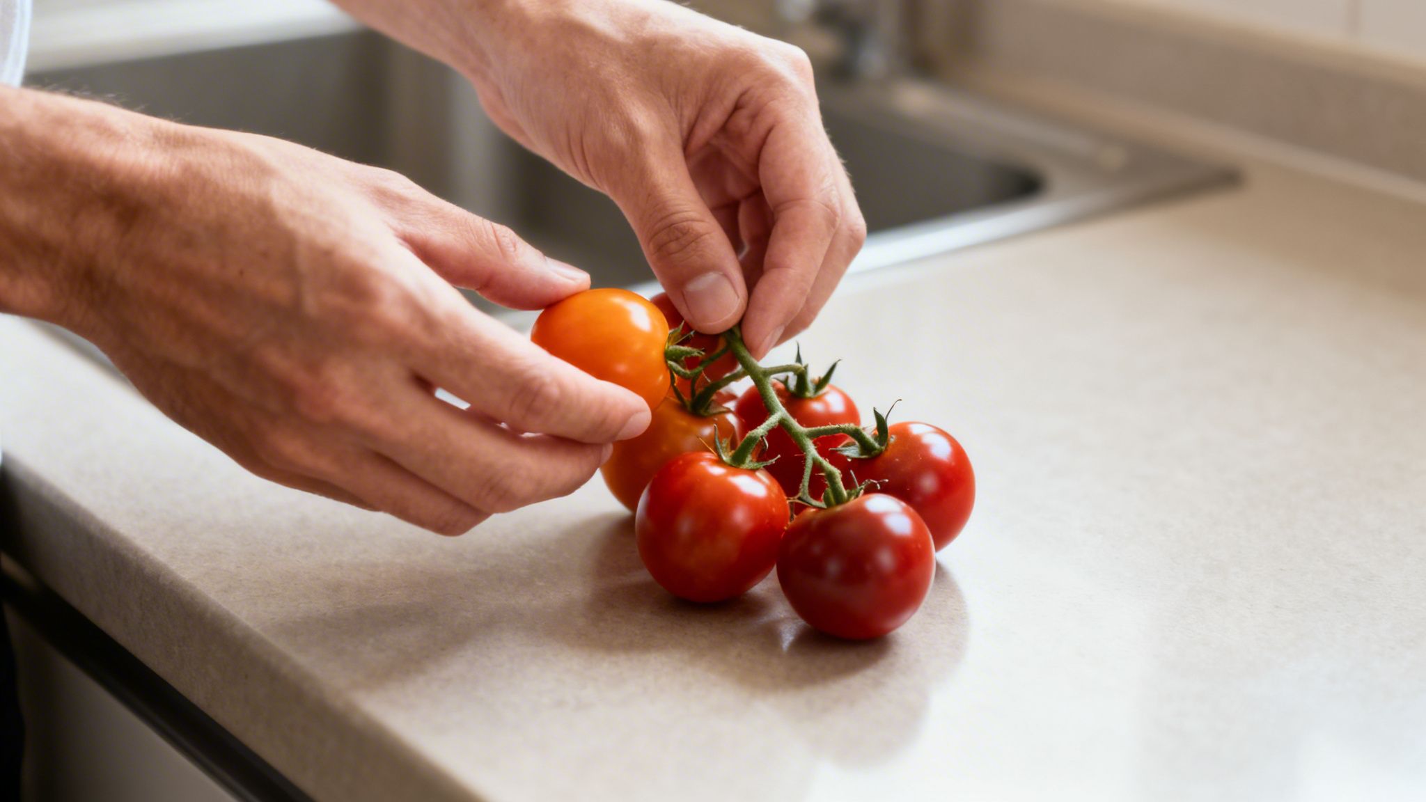 Manos masculinas cosechando o preparando tomates cherry frescos en rama sobre una encimera de cocina.