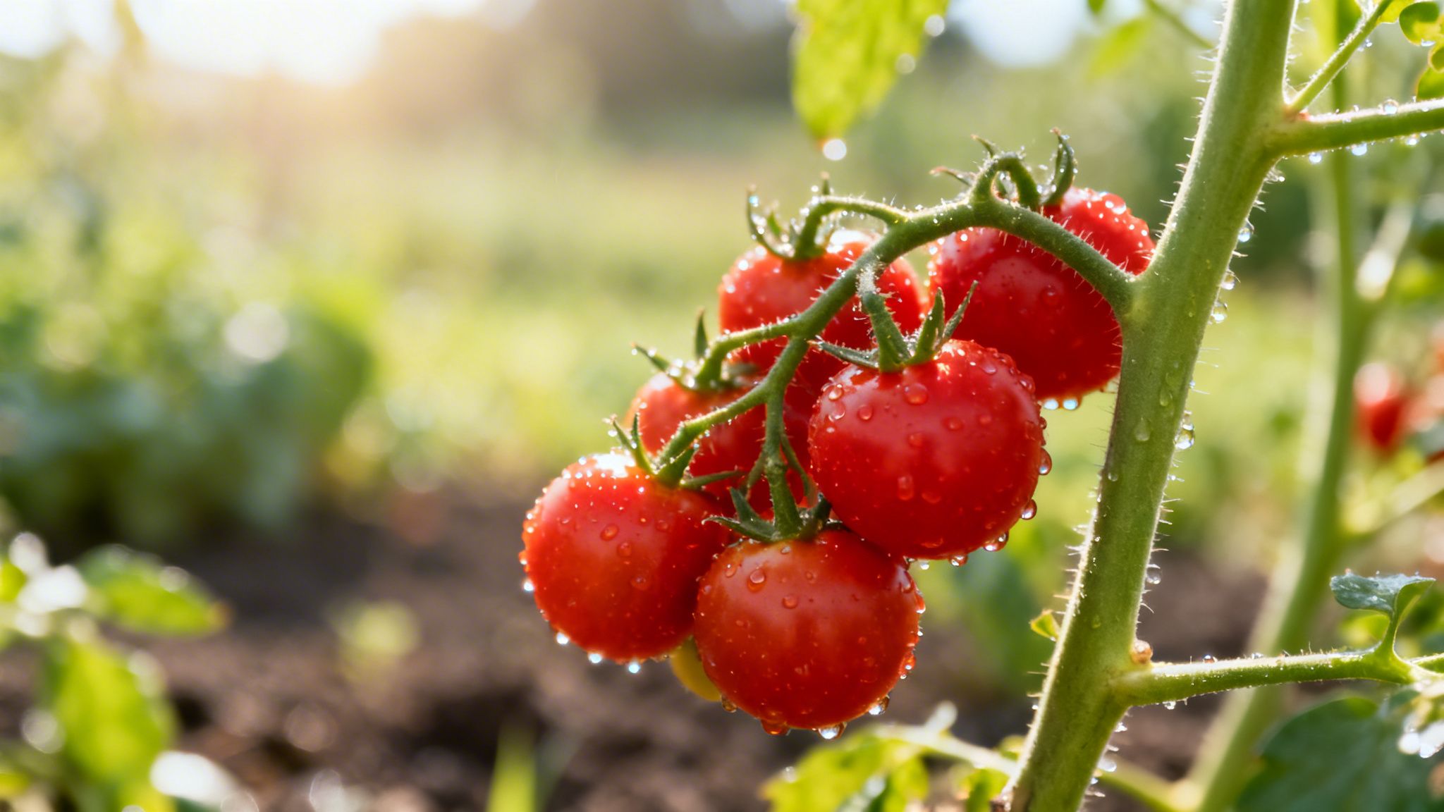 Tomates rojos frescos en una rama cubiertos de gotas de agua en un huerto soleado.