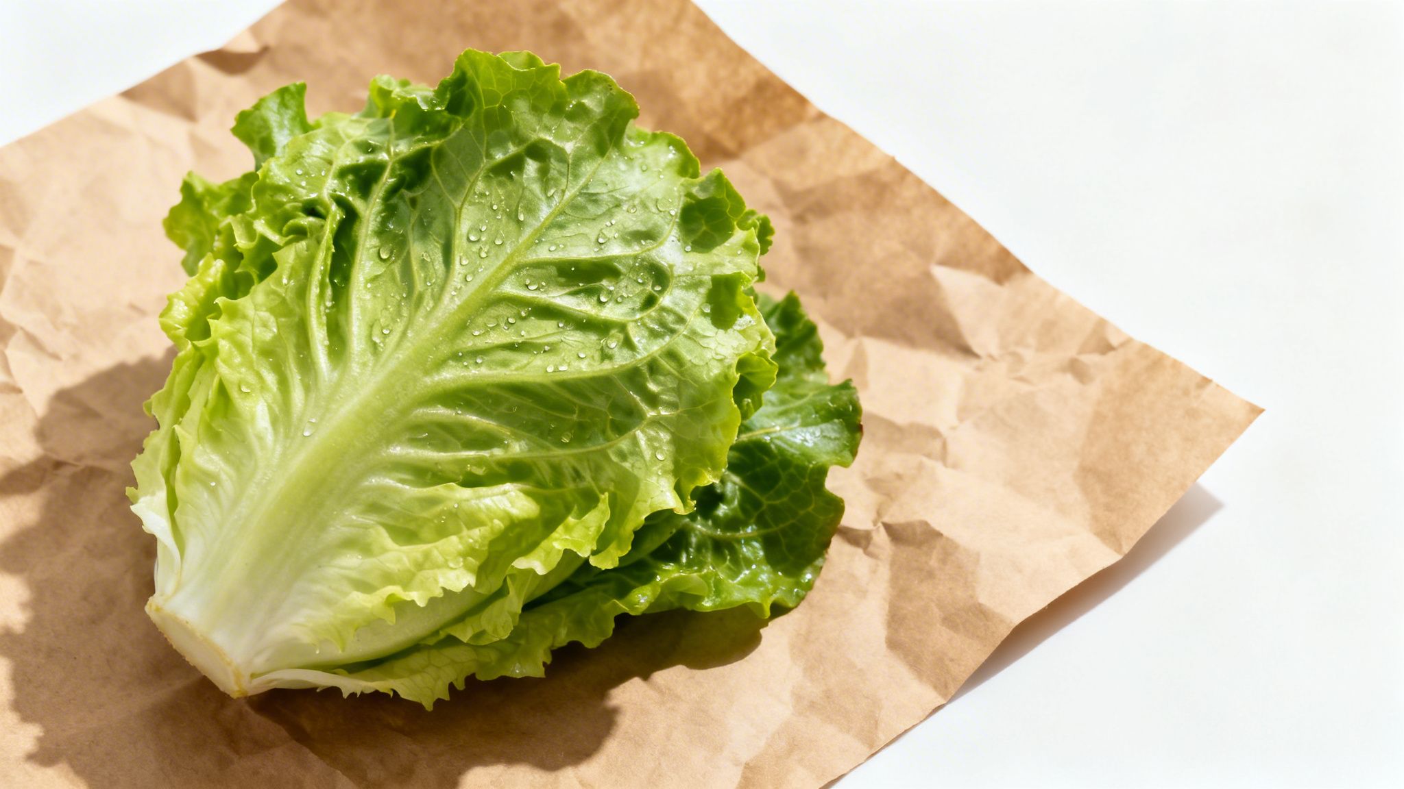Lechuga verde fresca y crujiente con gotas de agua sobre papel kraft arrugado y fondo blanco.