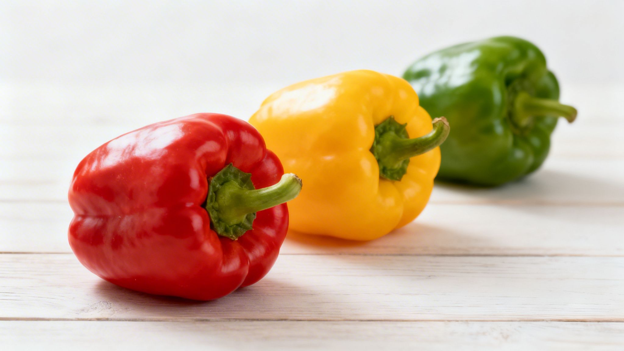Tres pimientos morrones de colores rojo, amarillo y verde en fila sobre una superficie de madera blanca.