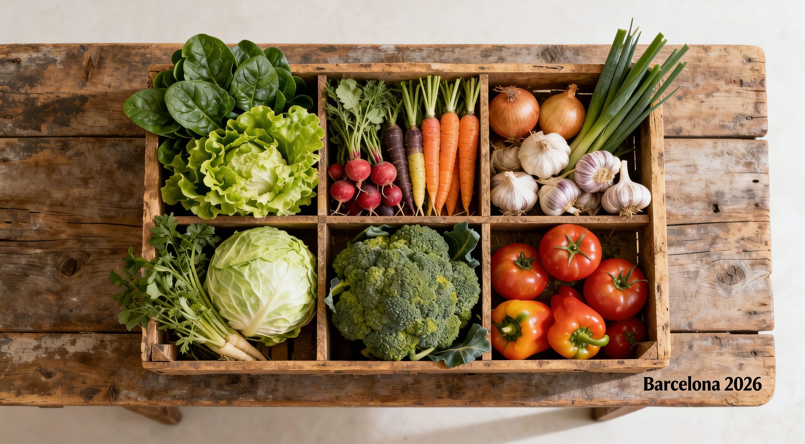 Caja con diferentes verduras como: zanahorias, pimientos, coles y cebollas