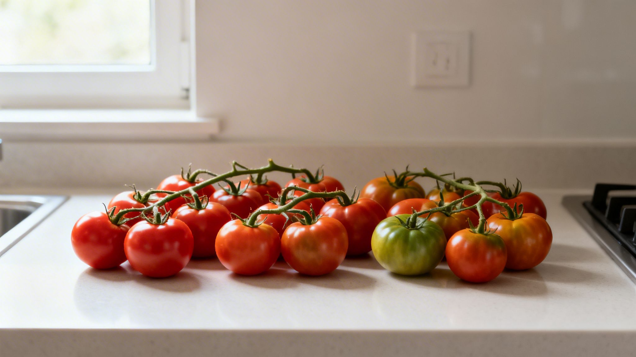 Racimos de tomates frescos en diferentes etapas de madurez sobre una encimera de cocina.