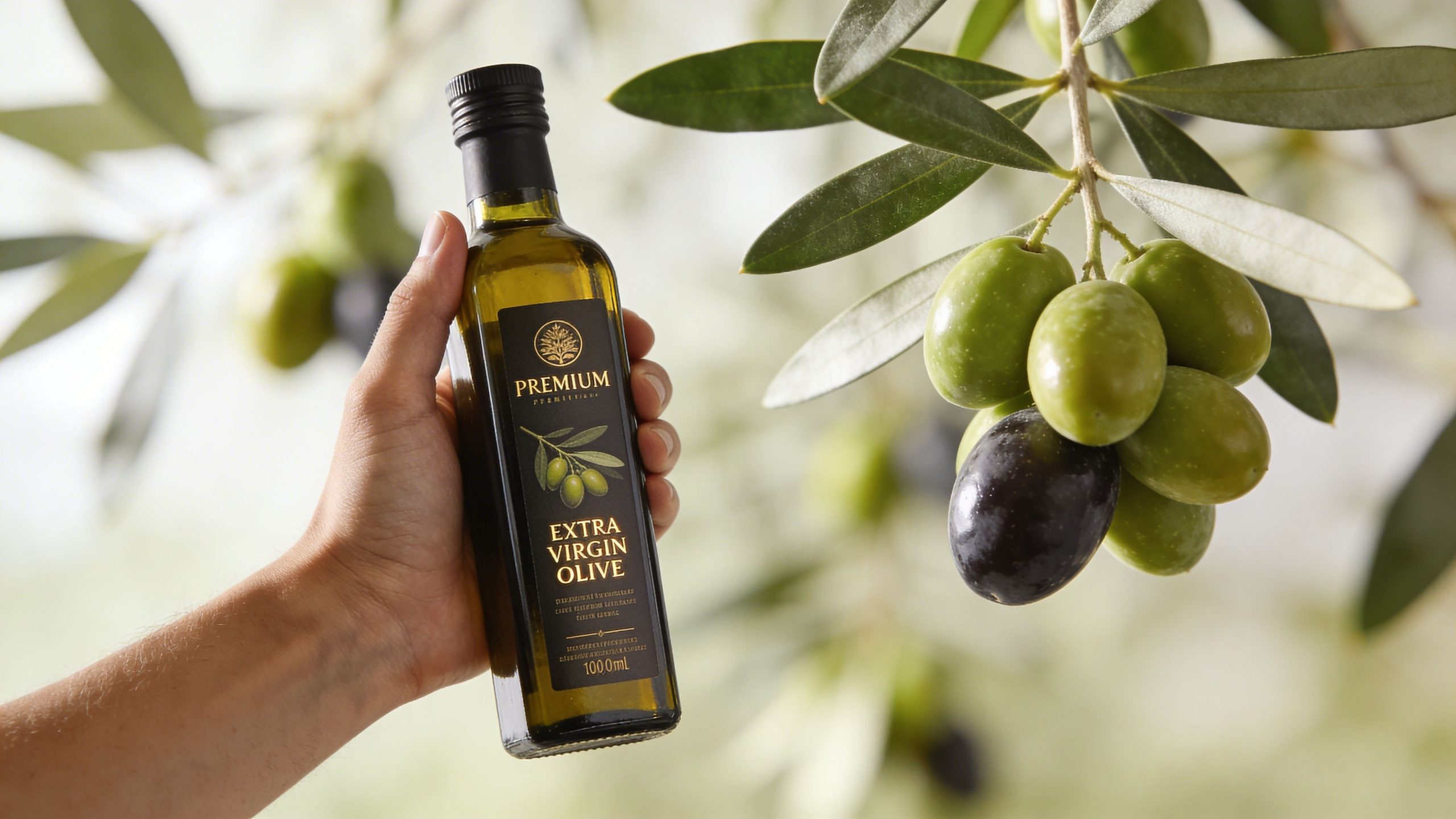 Mano sosteniendo una botella de aceite de oliva virgen extra premium junto a ramas de olivo frescas.