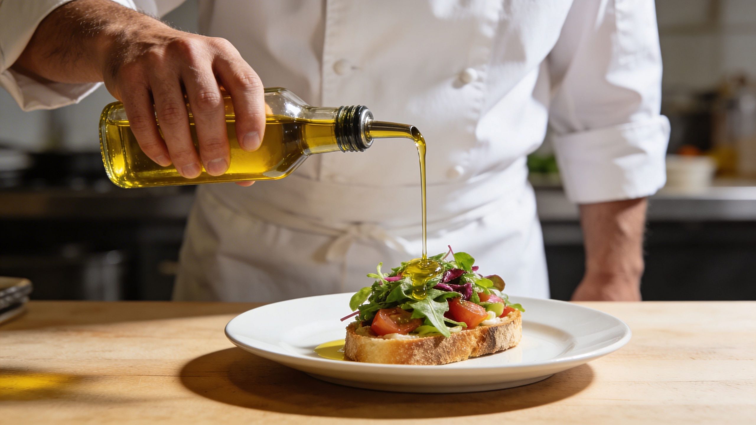 Chef profesional virtiendo aceite de oliva virgen extra sobre una bruschetta fresca con vegetales y tomates cherry.