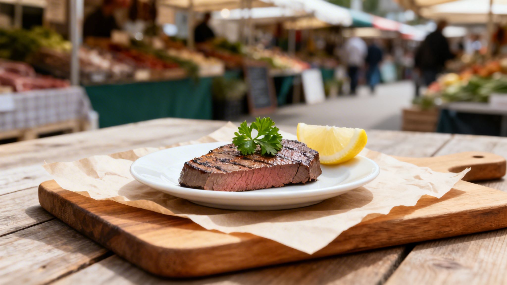 Un jugoso filete a la parrilla con perejil y limón, servido en una mesa de madera en un mercado vibrante.
