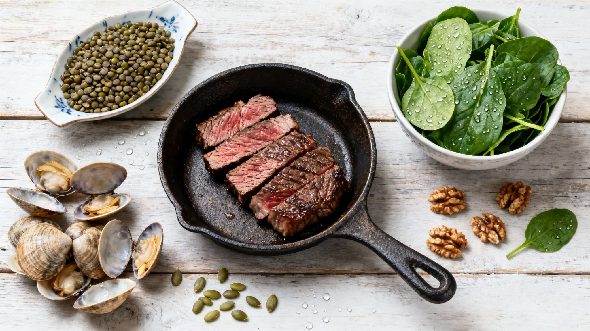 Distintos alimentos con hierro servidos en una mesa