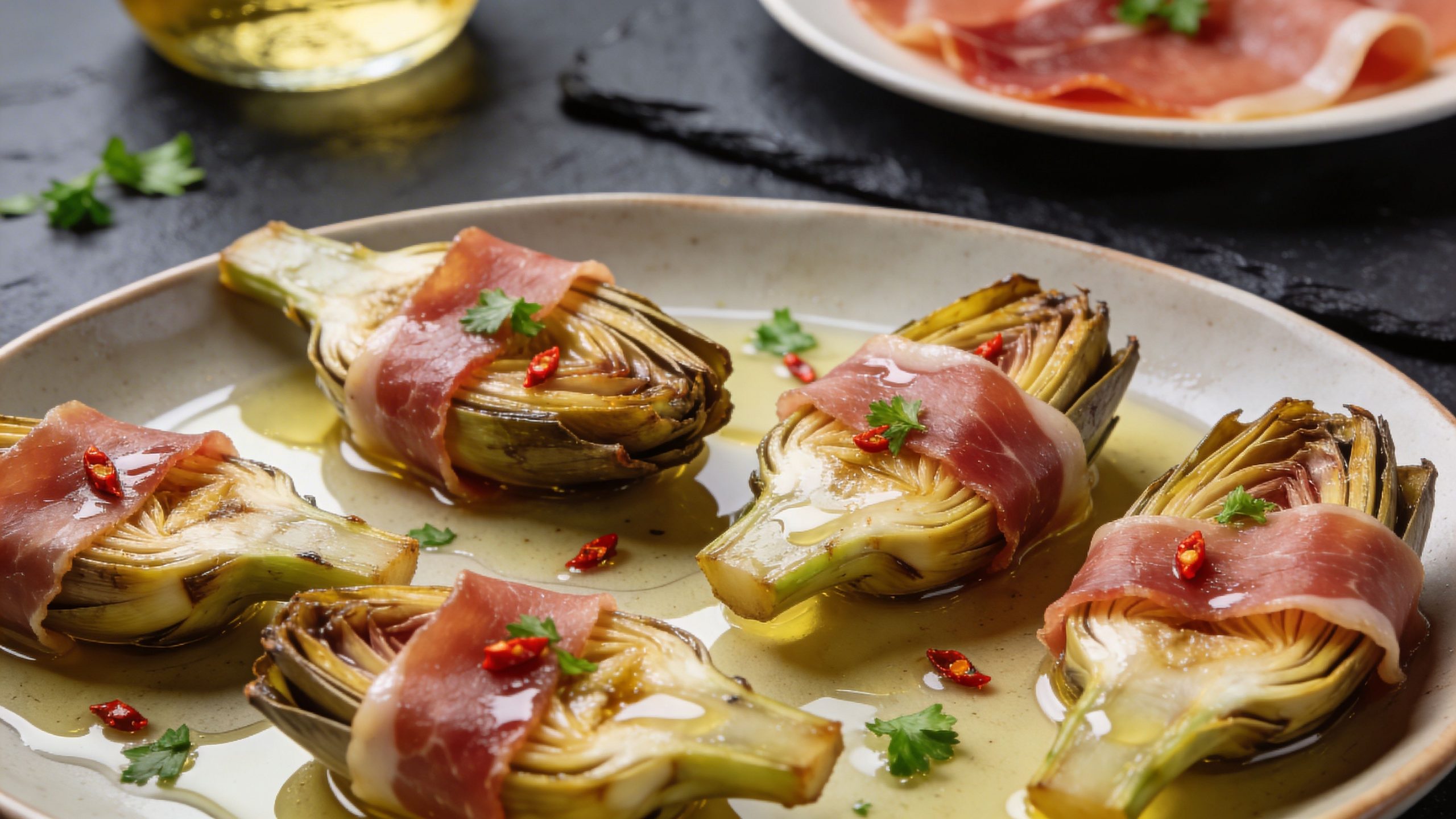 Alcachofas frescas a la plancha envueltas en jamón serrano y decoradas con perejil fresco sobre un plato.