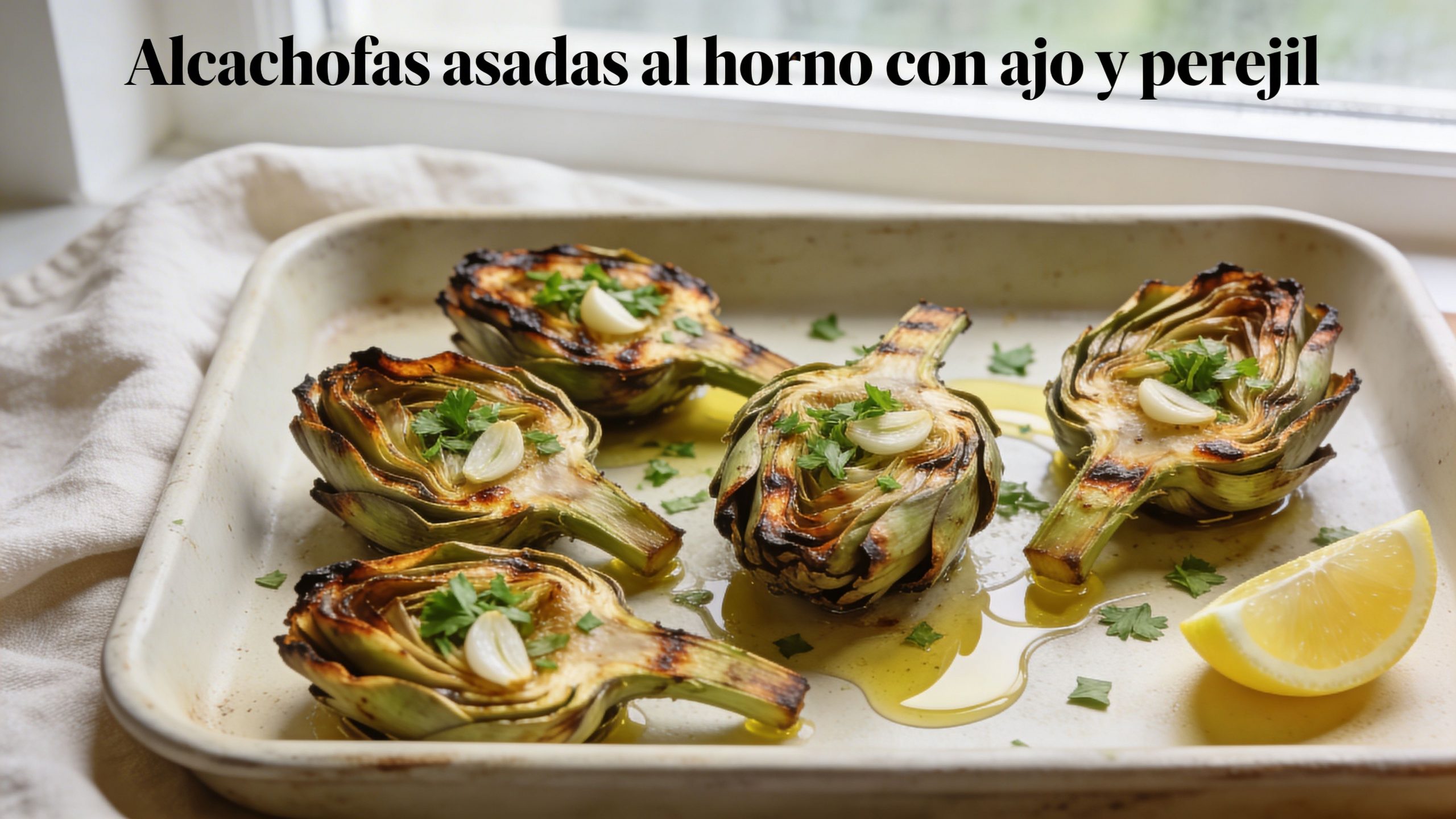 Varias mitades de alcachofas asadas en una bandeja de horno con aceite, ajo y perejil fresco picado.