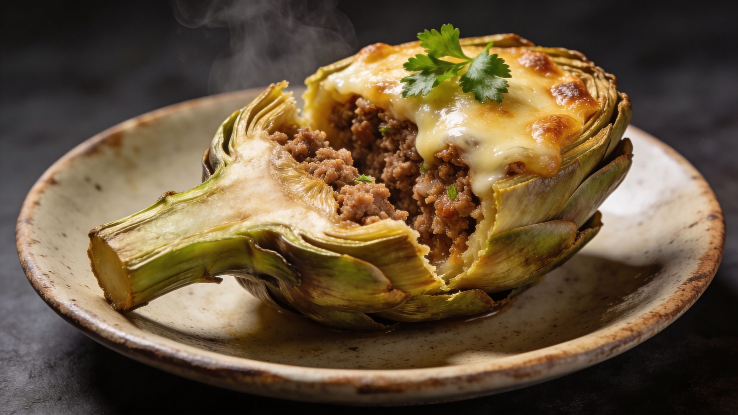 Una deliciosa alcachofa rellena de carne picada y gratinada con queso servida en un plato de cerámica.