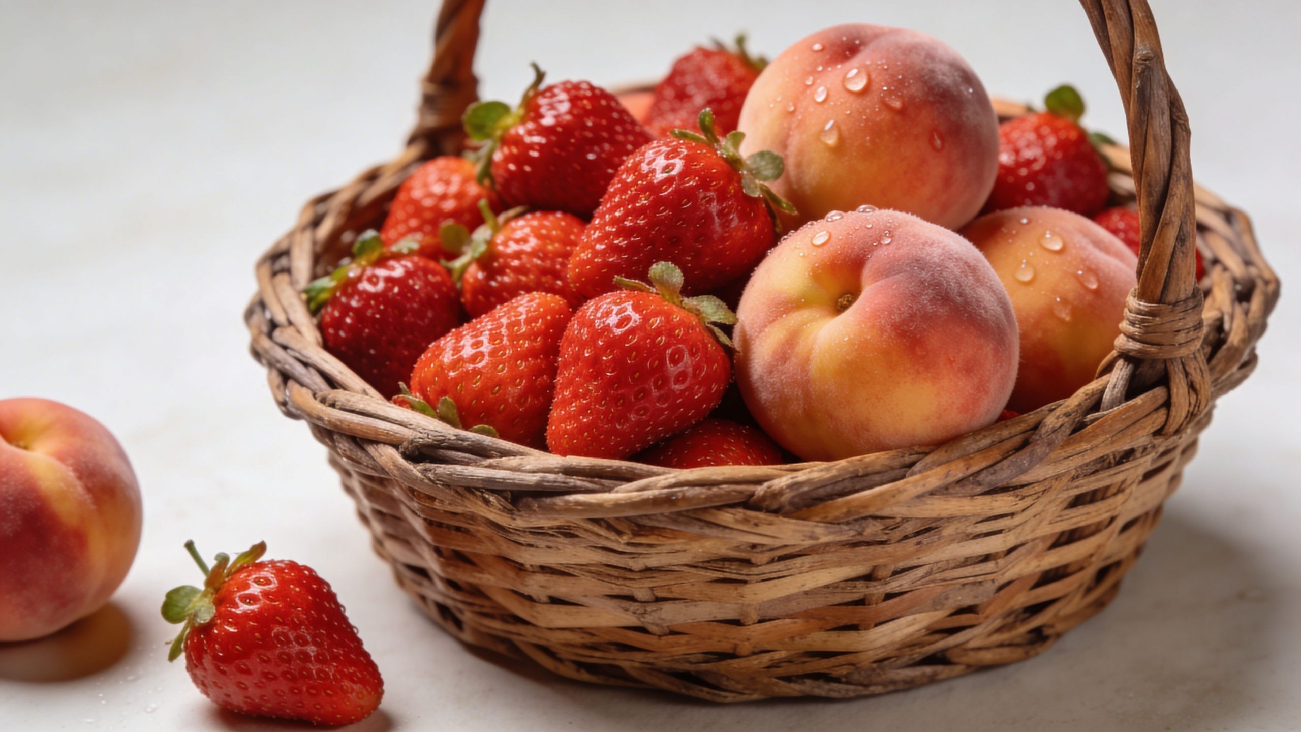 Una cesta de mimbre llena de fresas rojas frescas y melocotones maduros sobre una mesa blanca.