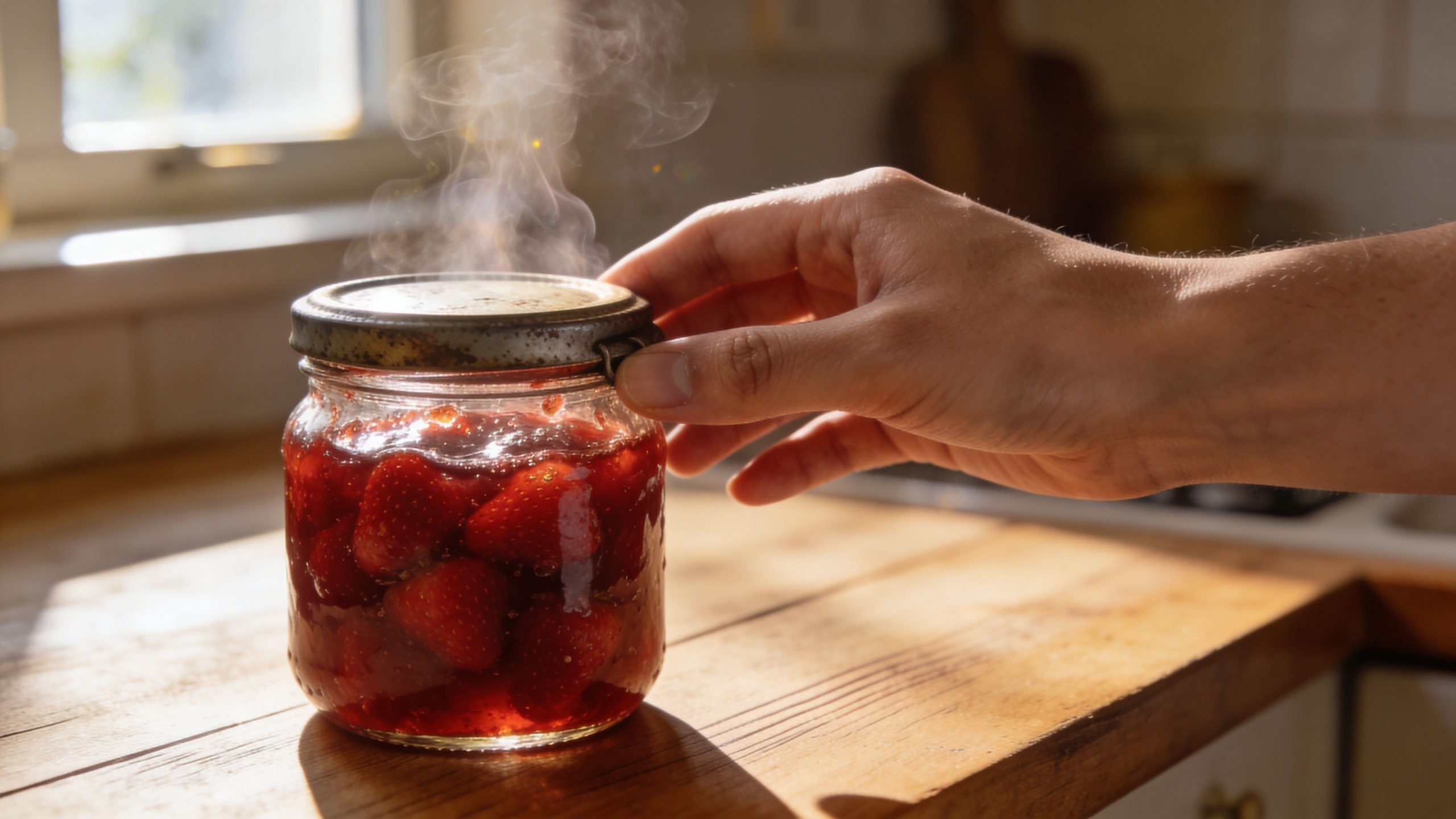 Una mano sosteniendo un frasco de mermelada de fresa casera recién hecha que desprende vapor caliente.