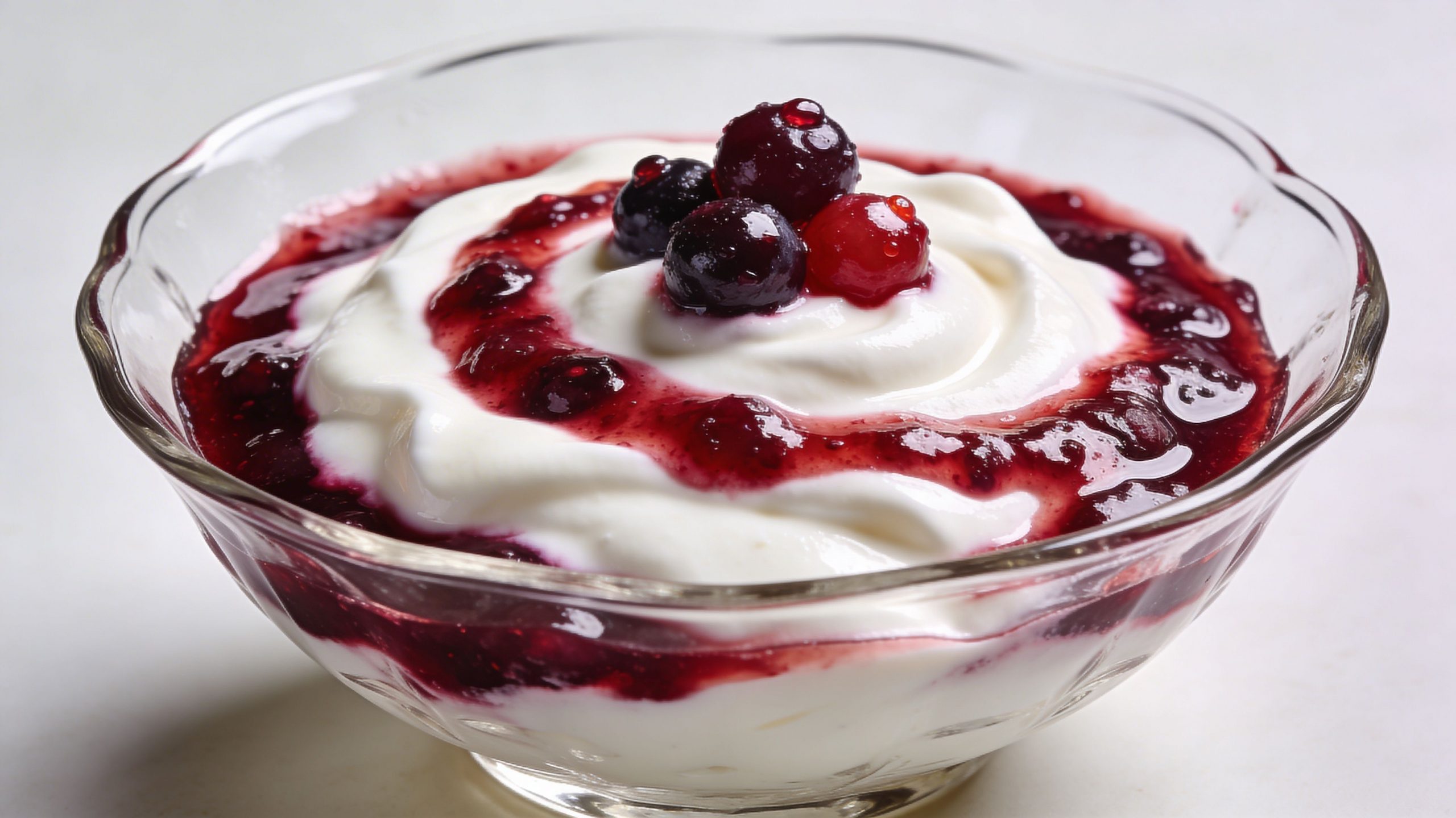Un tazón de vidrio transparente que contiene yogur cremoso cubierto con una deliciosa mermelada roja y bayas frescas.