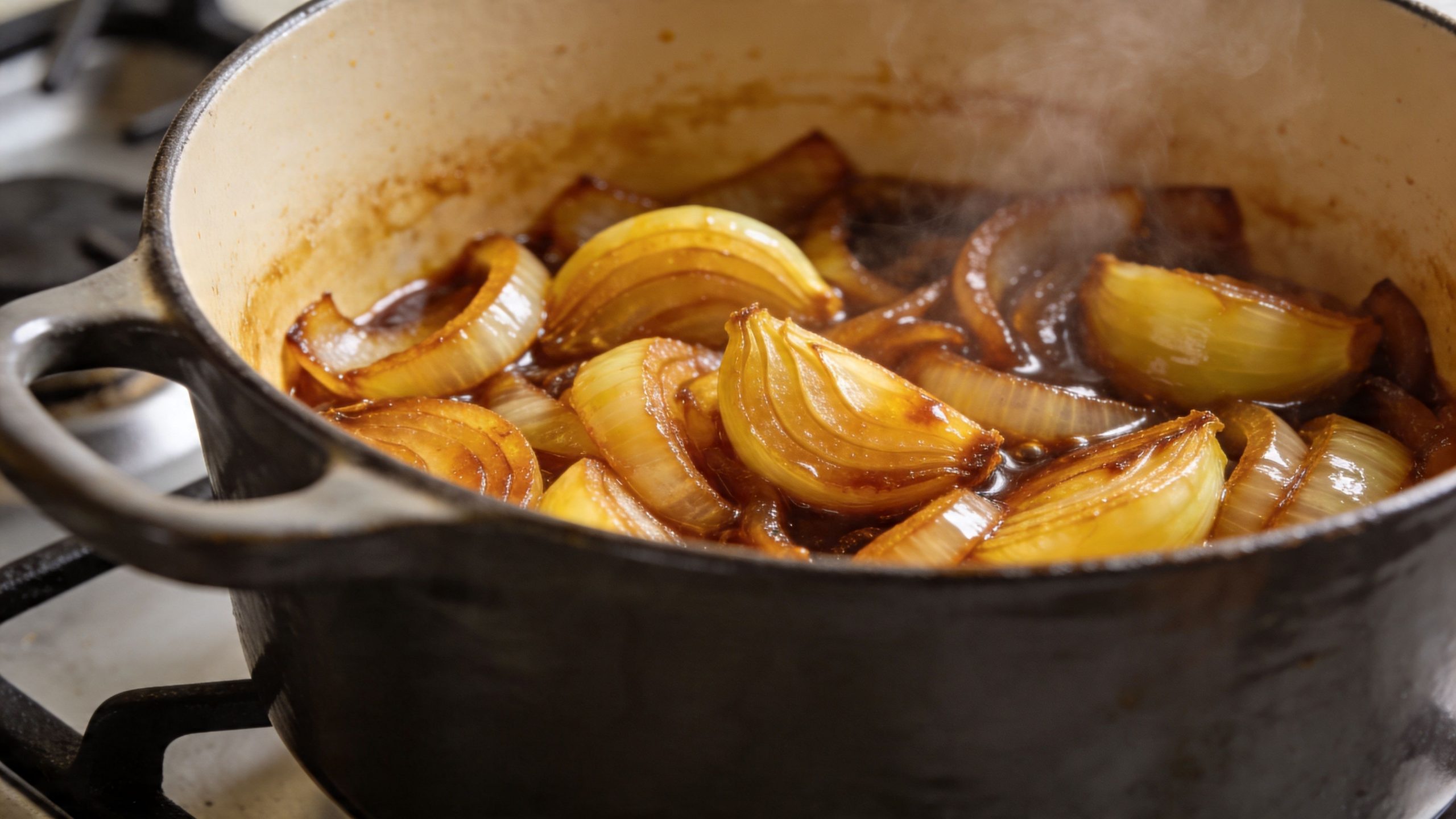 Cebollas cortadas en gajos cocinándose suavemente en una olla de hierro fundido sobre la estufa