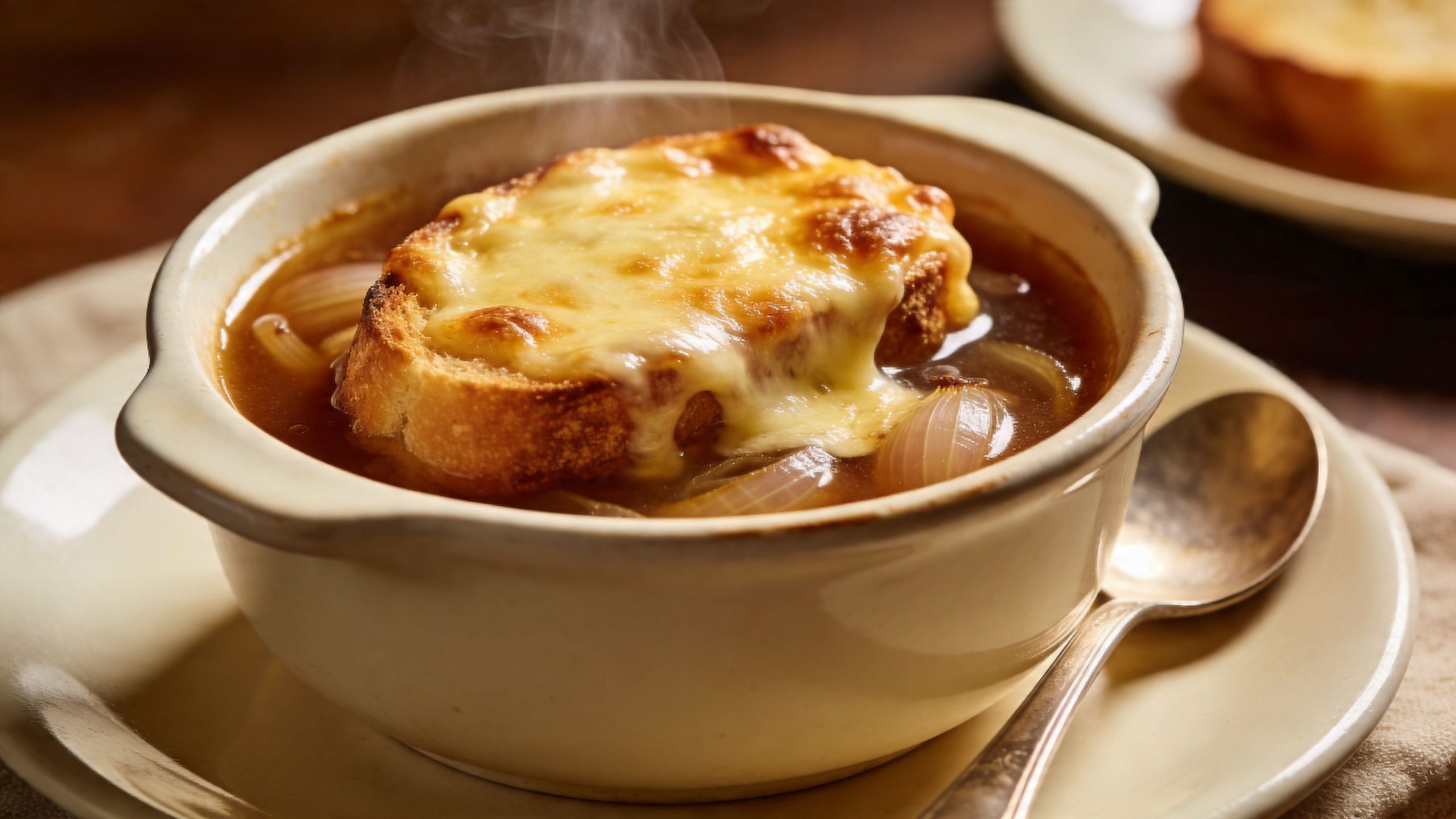 Sopa de cebolla francesa caliente servida en un cuenco con una costra de pan y queso fundido