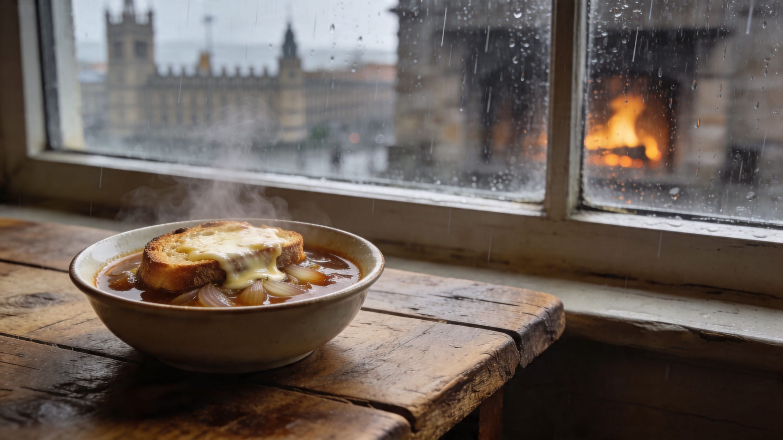 Un tazón de sopa de cebolla caliente con queso fundido junto a una ventana con vista lluviosa.