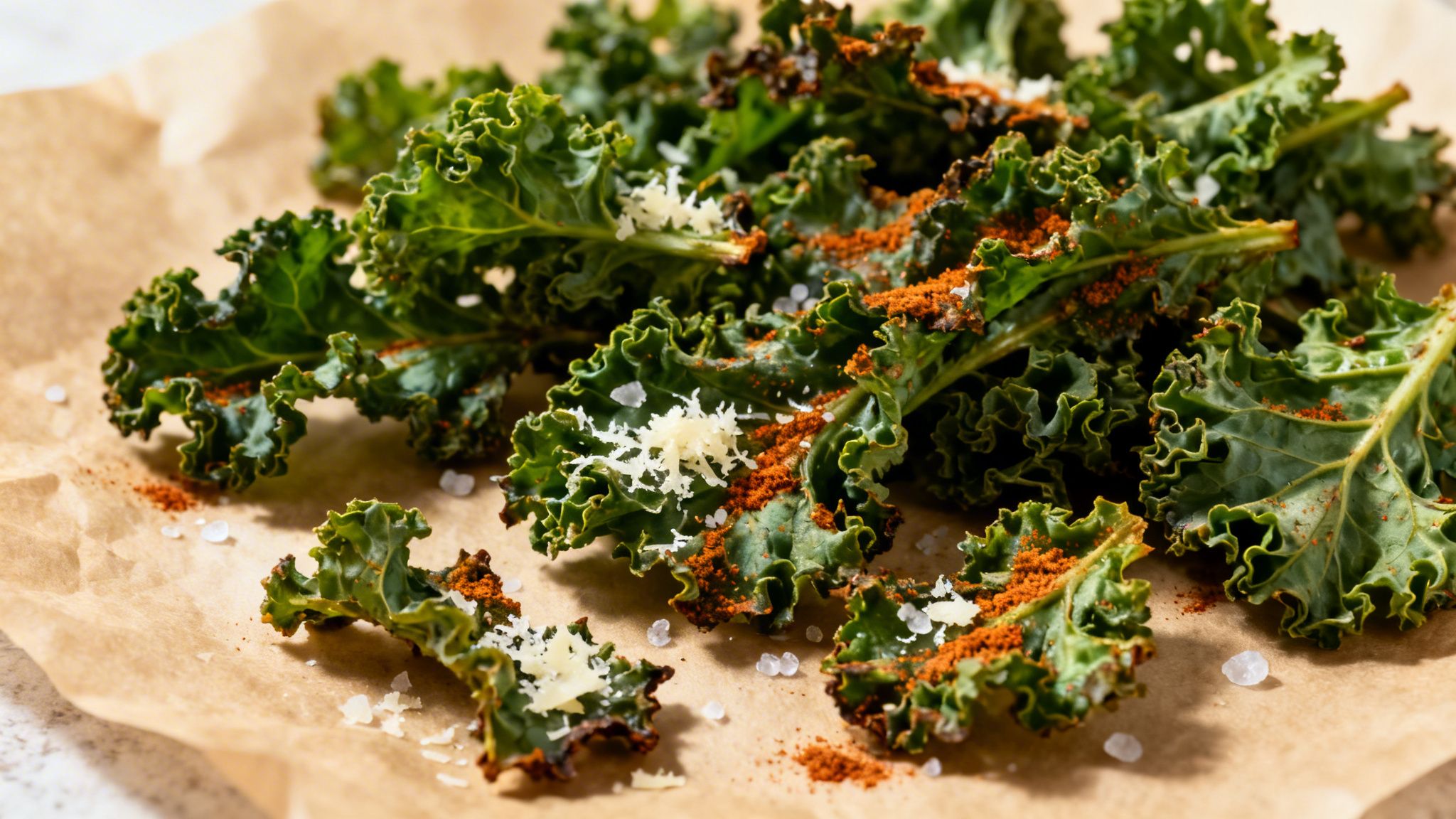 Hojas de col kale horneadas con un toque de queso parmesano, sal marina y pimentón sobre papel vegetal.
