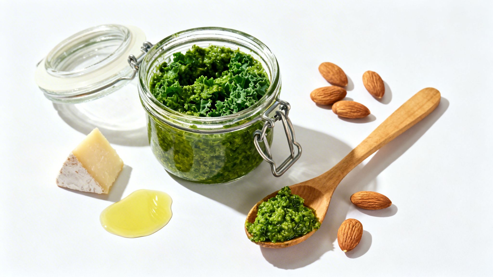 Un frasco con pesto de col kale, una cuchara de madera, almendras, queso y aceite de oliva.
