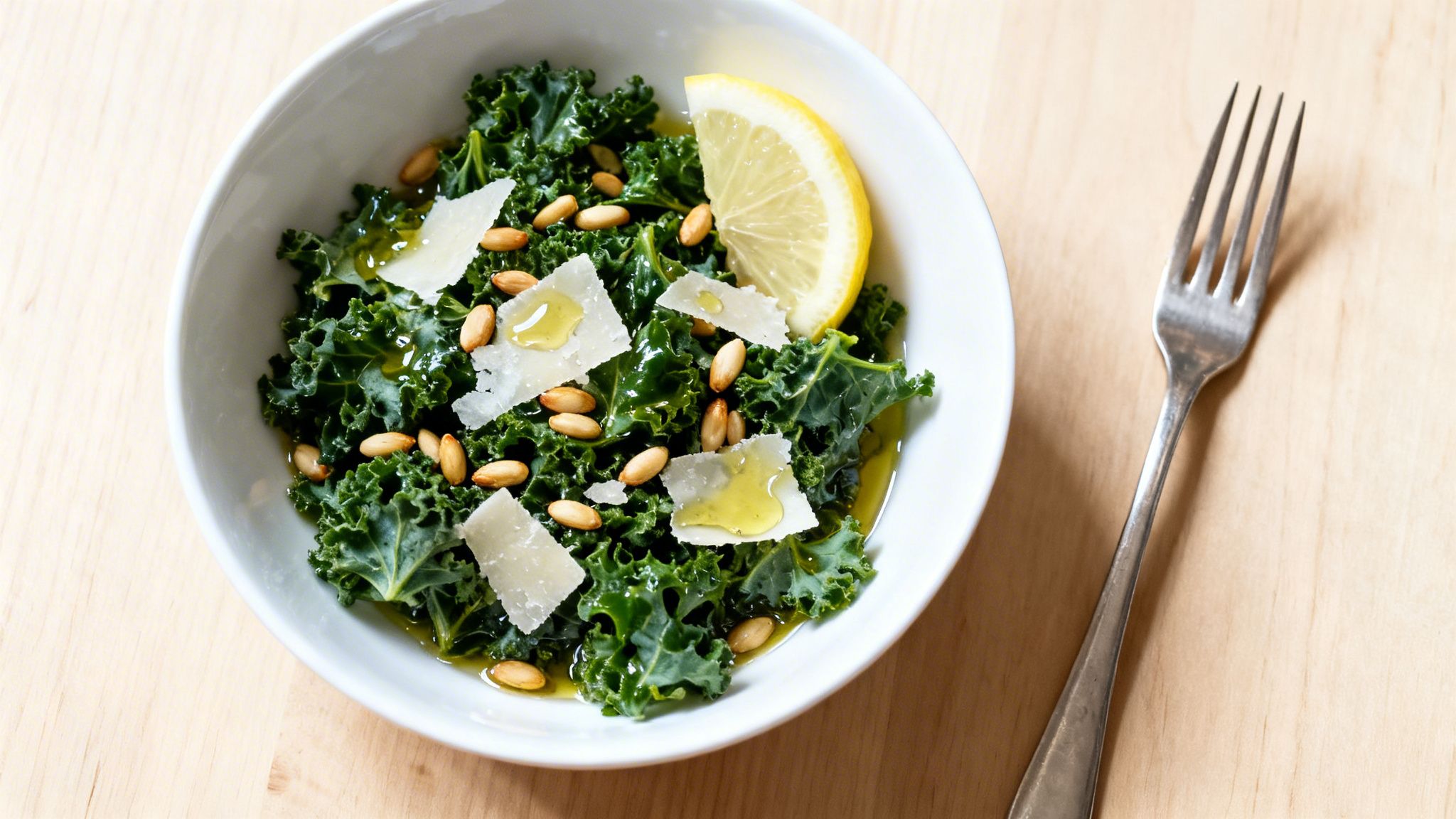 Ensalada fresca de col kale servida en un tazón blanco con piñones, queso parmesano y limón.