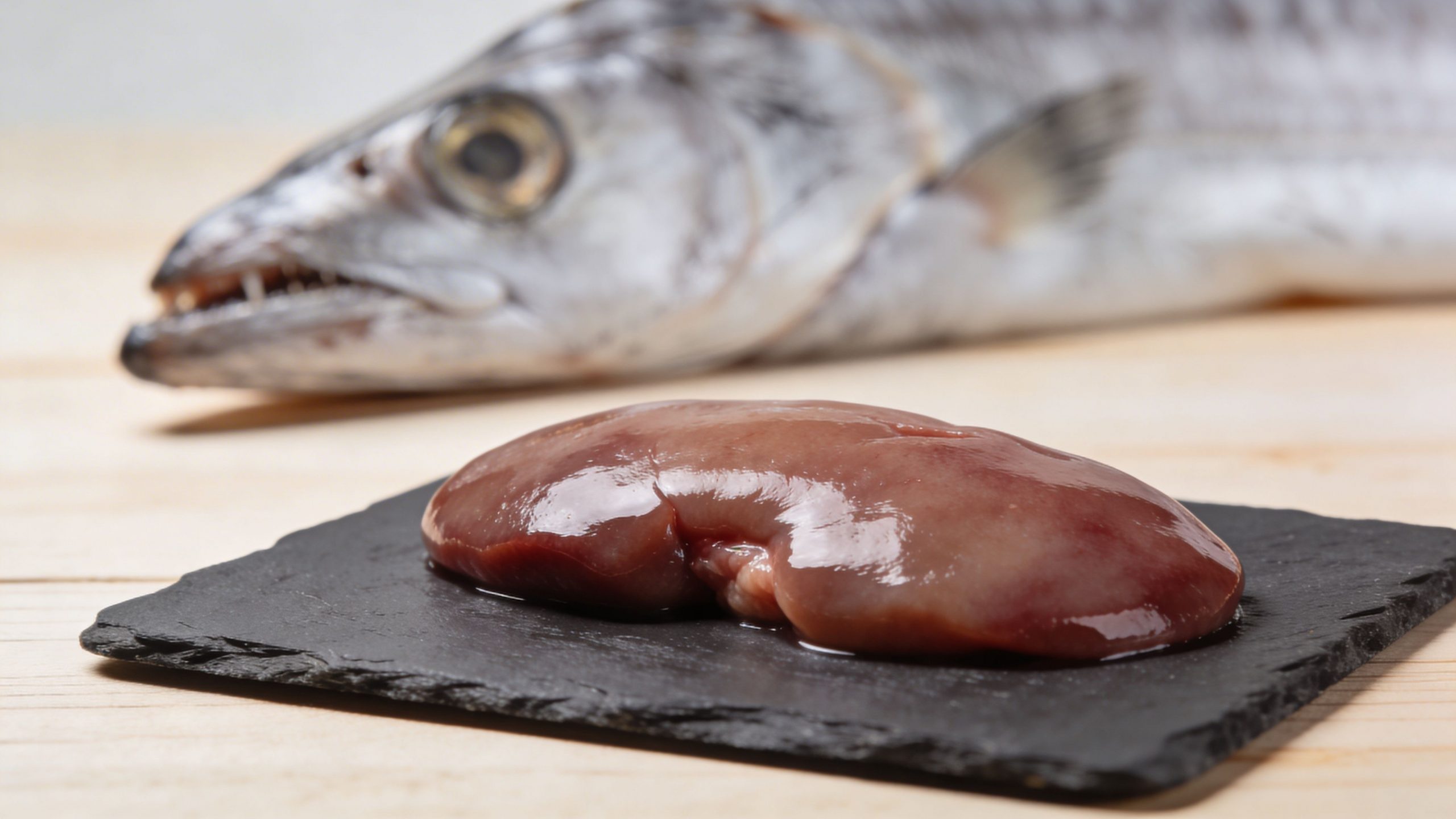 Un hígado de rape crudo y fresco posado sobre una tabla de pizarra negra frente a un pescado.