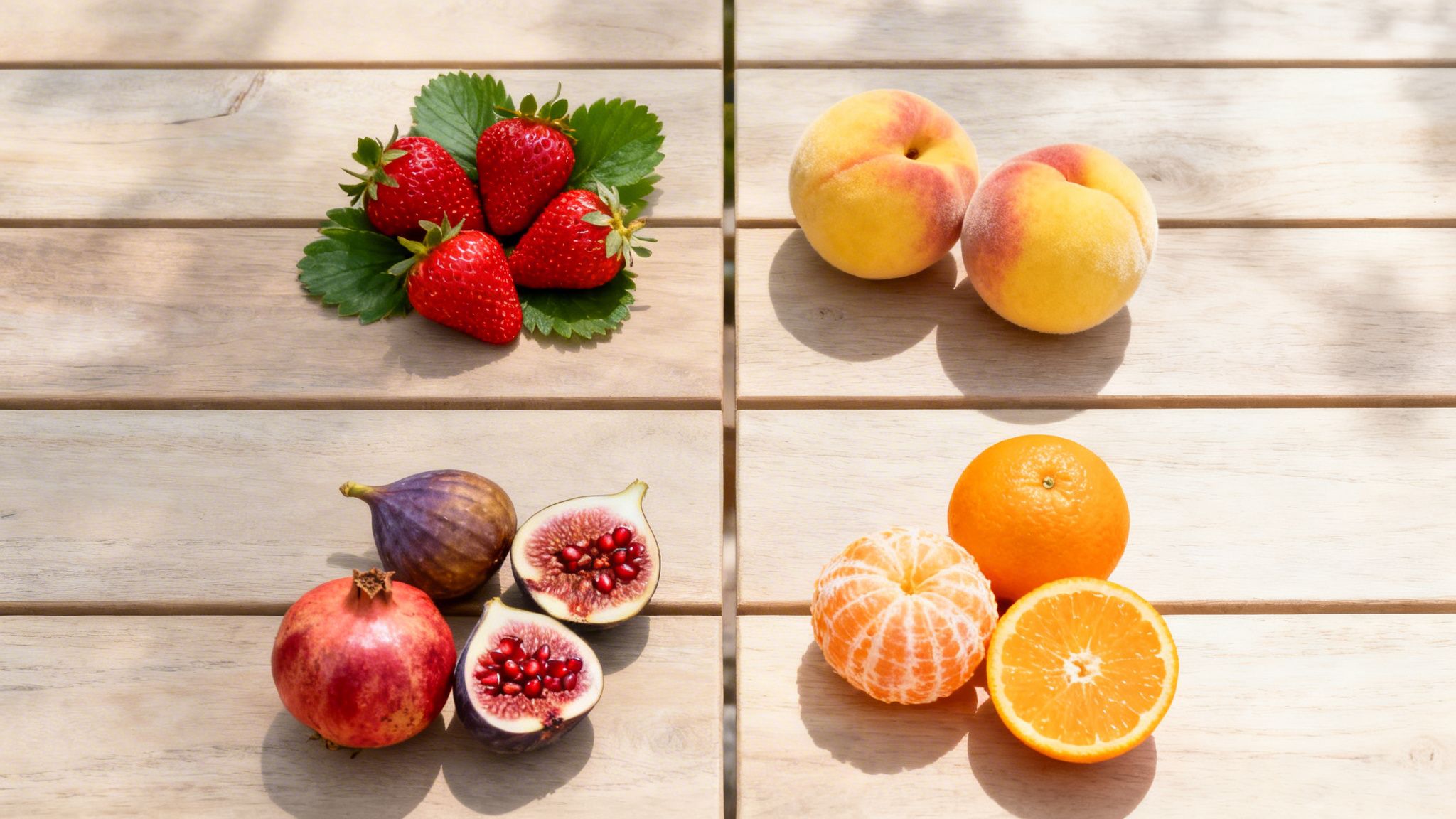 Variedad de frutas frescas como fresas, melocotones, higos, granada y naranjas sobre mesa de madera clara.