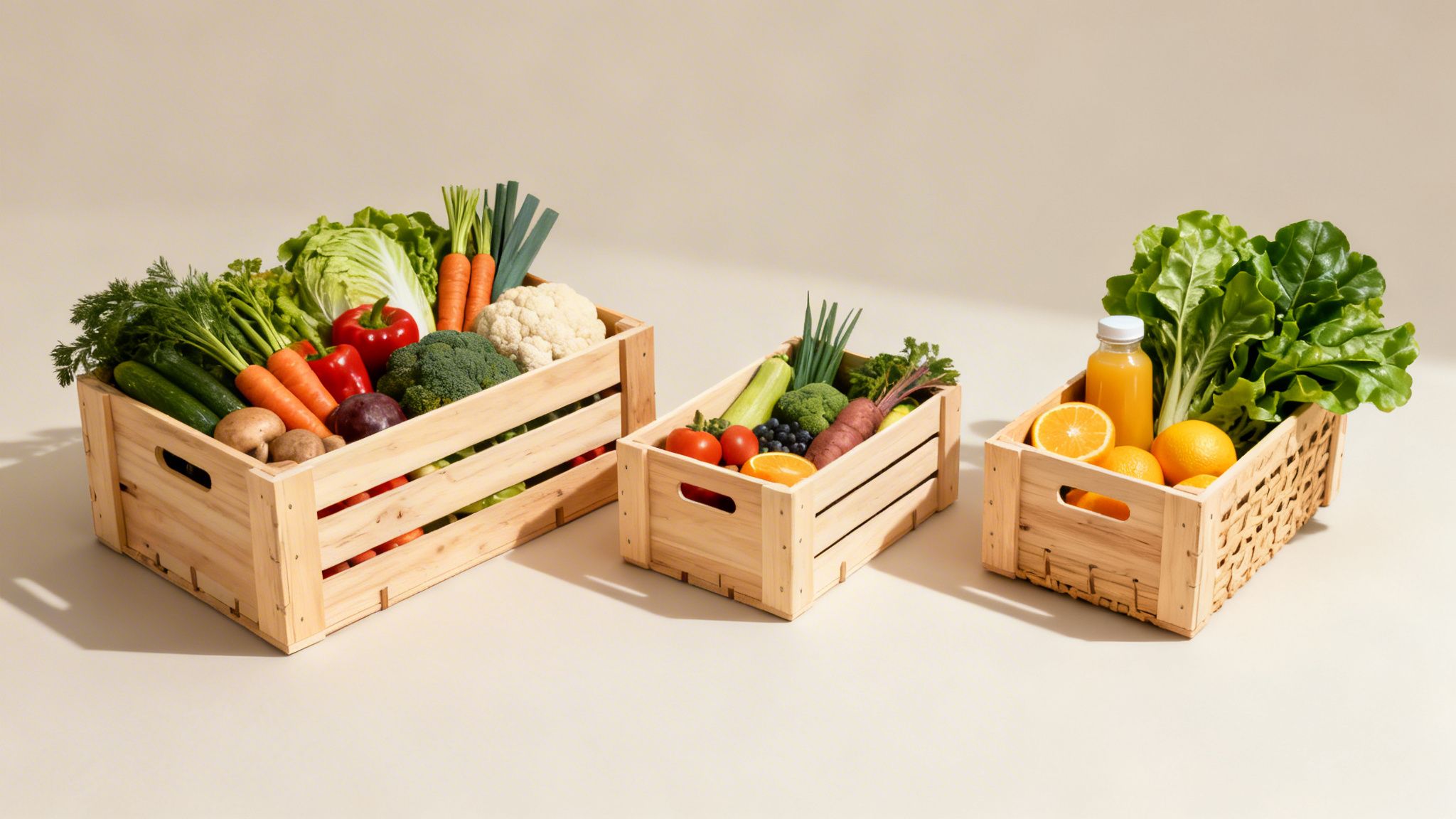 Tres cajas de madera repletas de una variedad de frutas y verduras frescas sobre un fondo beige.