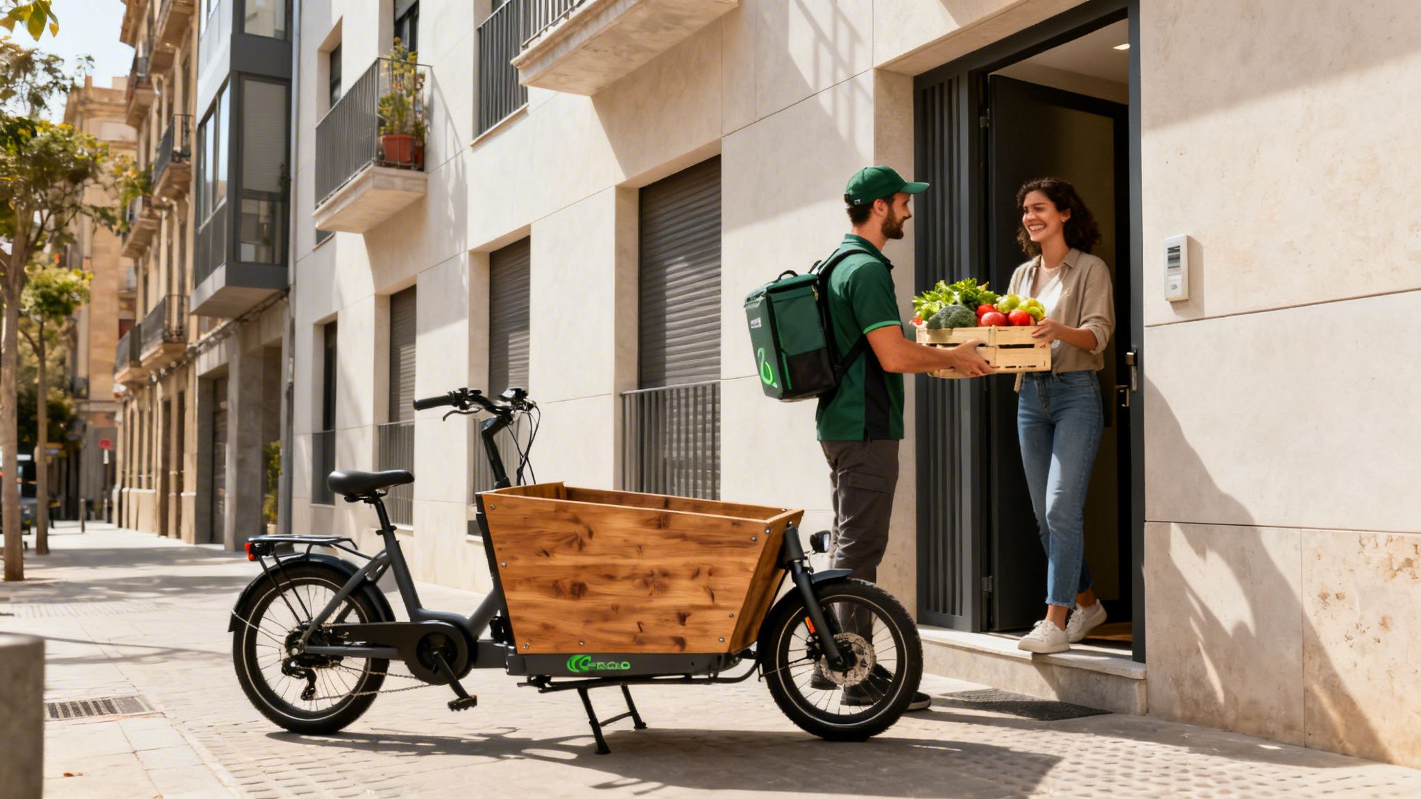 Repartidor entrega una caja de frutas y verduras frescas a una mujer sonriente en la puerta de su casa, con una bicicleta de carga cerca.