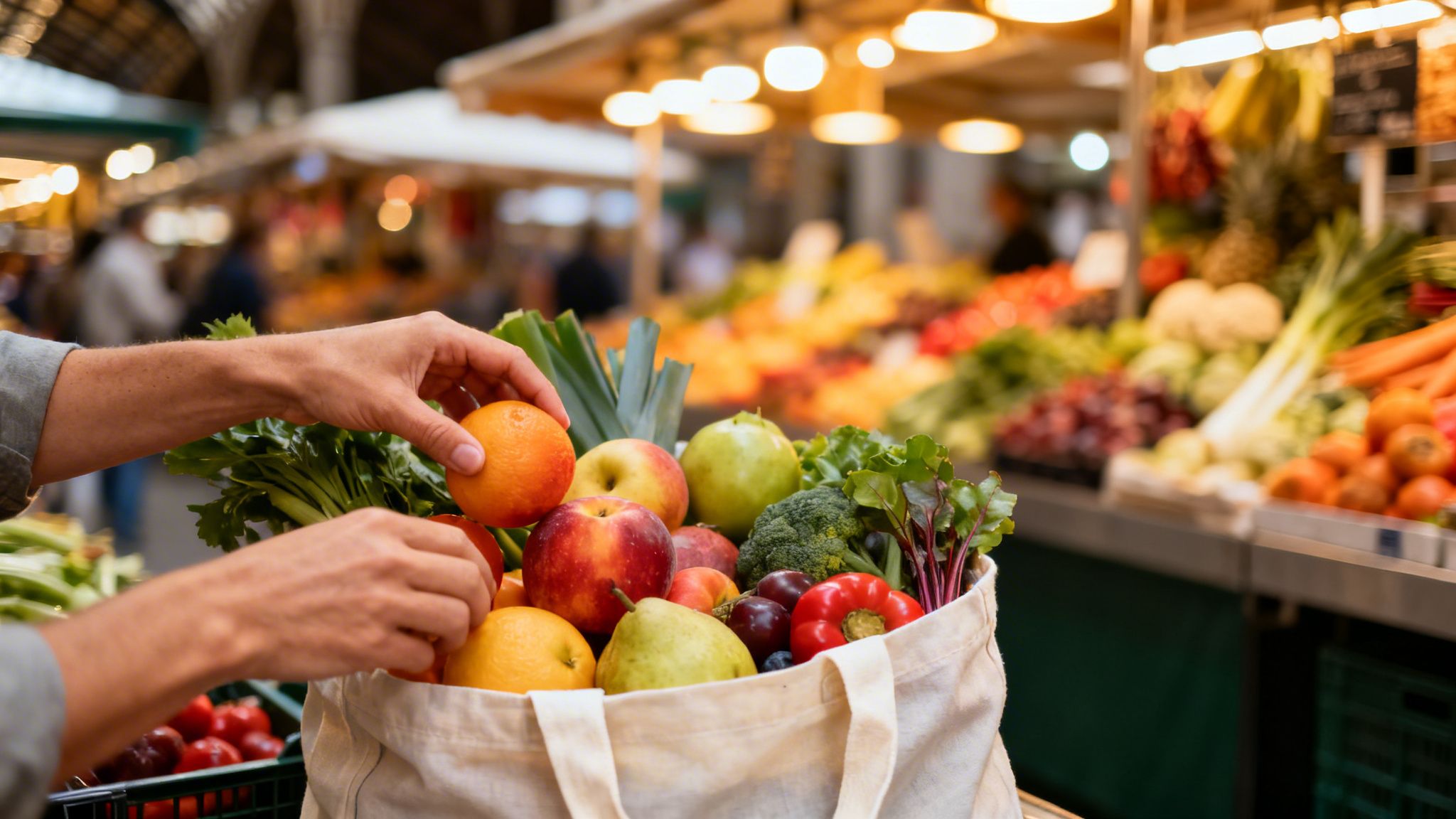 Manos poniendo una naranja en una bolsa de tela llena de frutas y verduras frescas en un mercado.