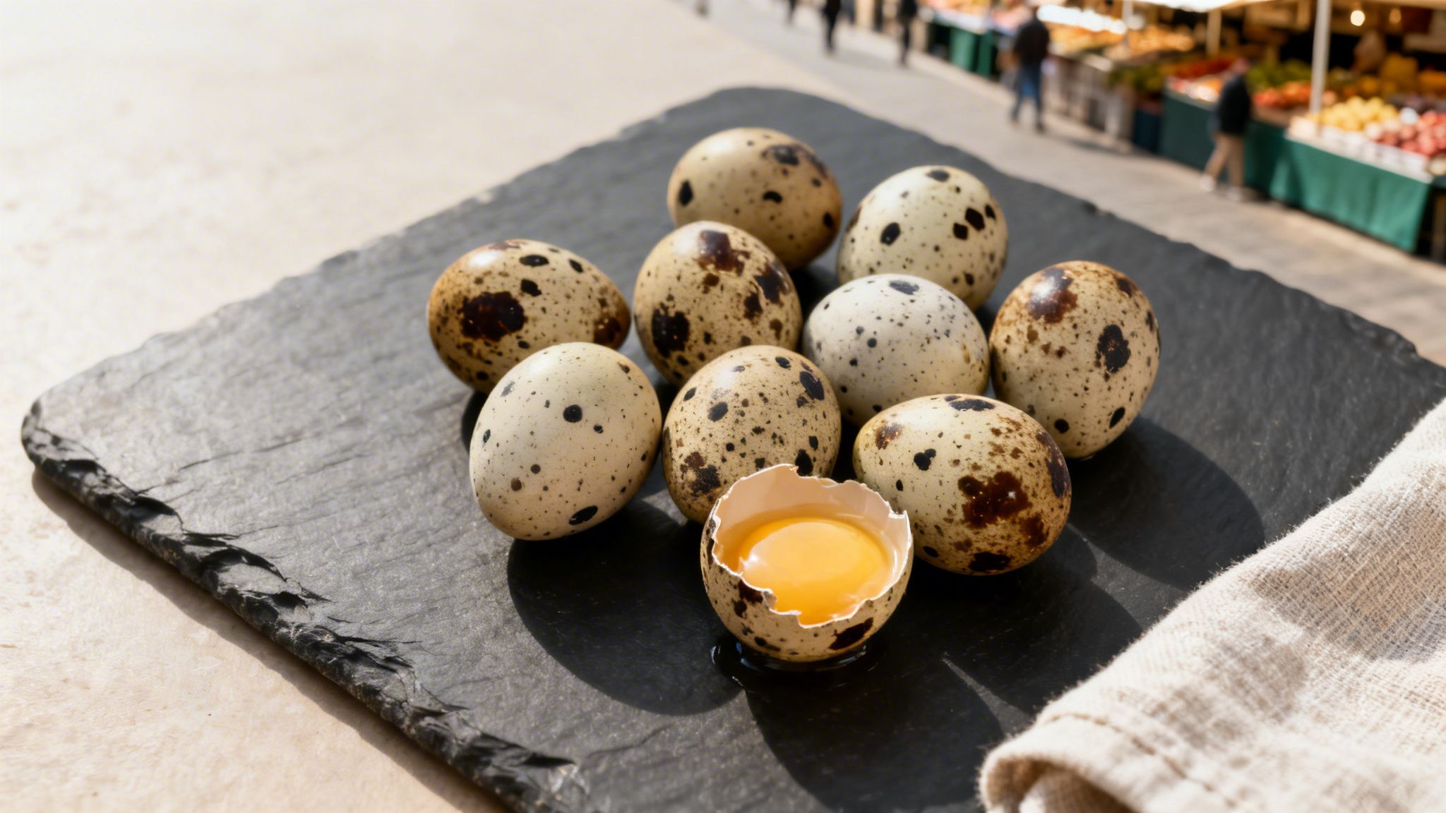 Huevos de codorniz frescos dispuestos en una tabla de pizarra con uno roto, en un mercado al aire libre.