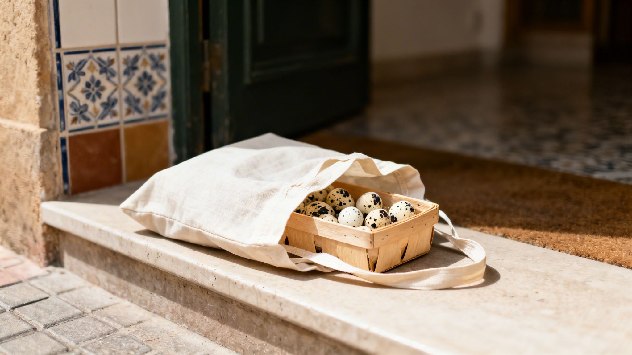 Bolsa de tela con cesta de huevos de codorniz frescos en el umbral de una casa con azulejos decorativos.