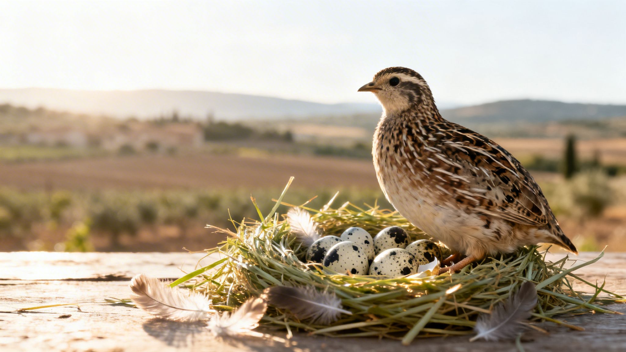 Codorniz junto a su nido con huevos moteados en una mesa de madera. Fondo borroso de campo al atardecer.